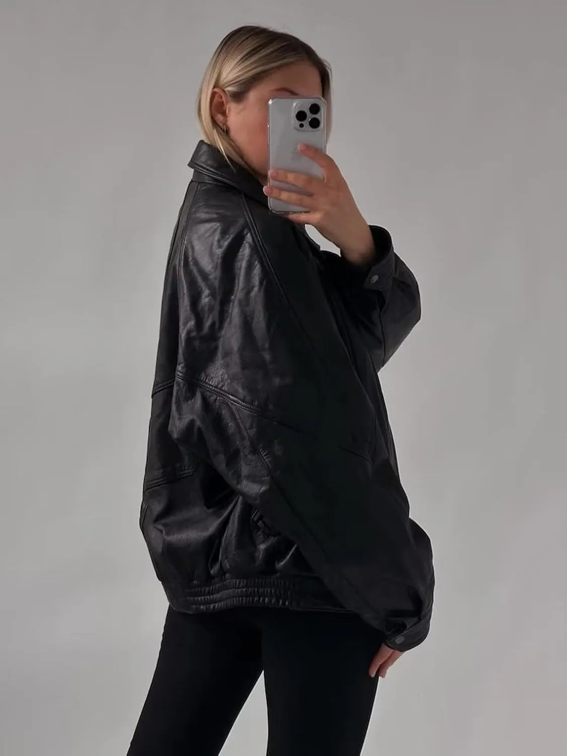 80's Vintage Women Oversized Bomber Leather Jacket - Ladies Retro Style Outerwear