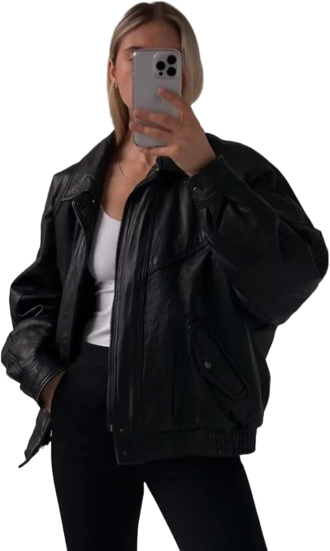 80's Vintage Women Oversized Bomber Leather Jacket - Ladies Retro Style Outerwear