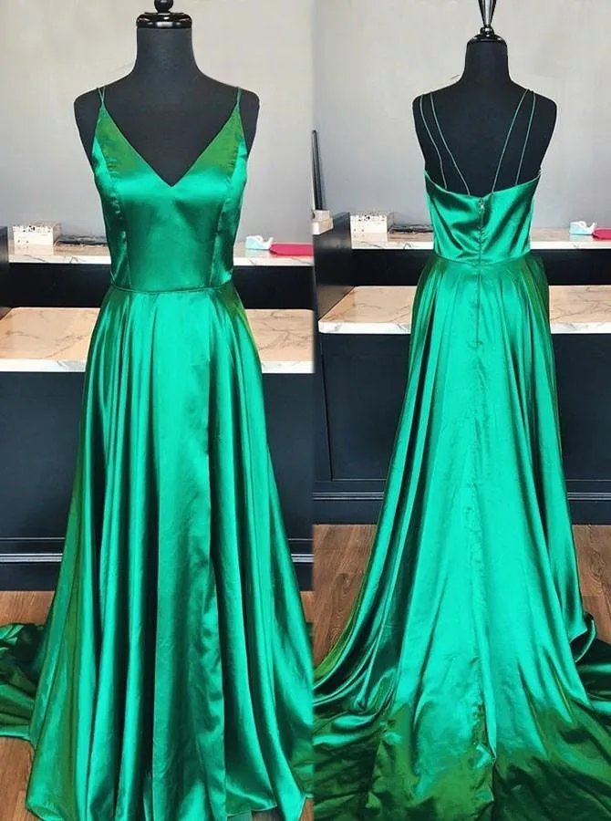 A-Line V-Neck Blue Elastic Satin Prom/Evening Dress with Split PG619