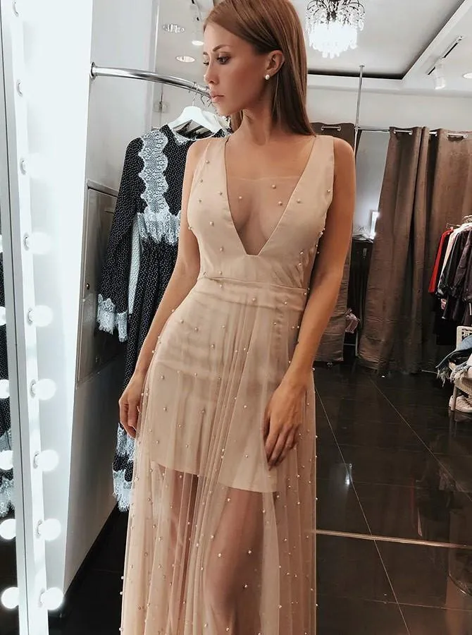 A-Line V-Neck Low Cut Pearl Pink Tulle Prom Dress with Pearls PG646