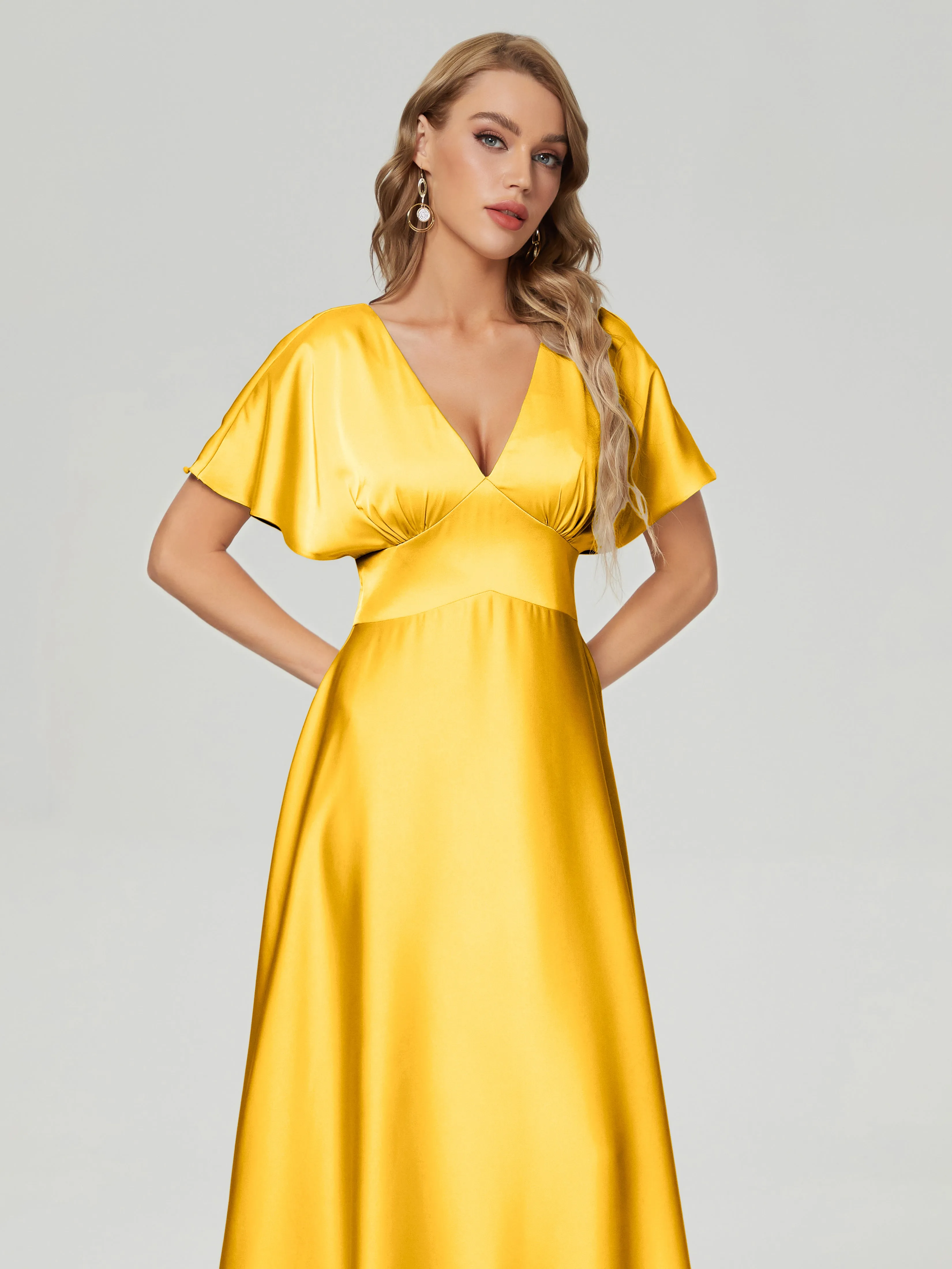 Ariah Modest Cap Sleeves Soft Satin Bridesmaid  Dresses