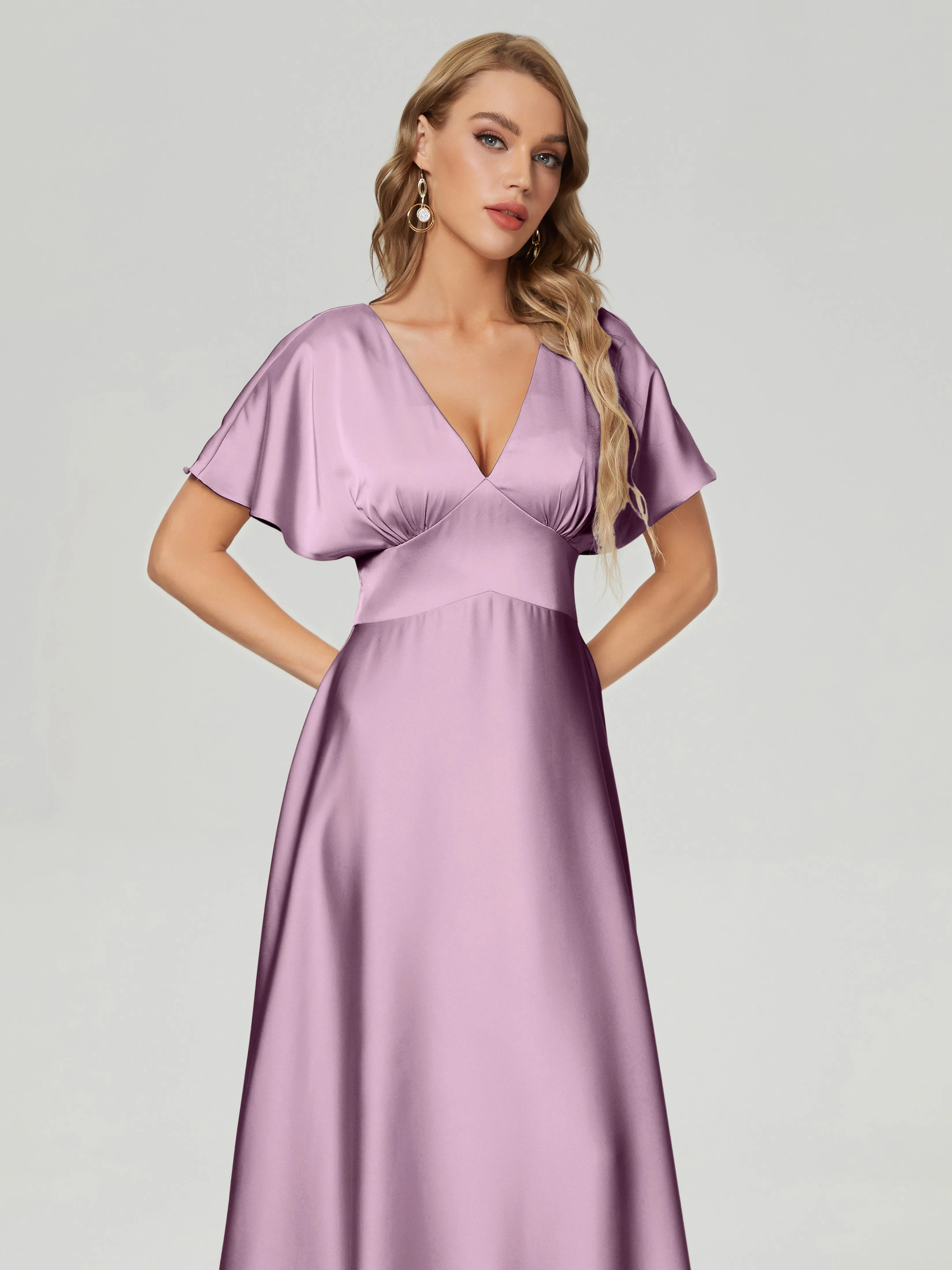 Ariah Modest Cap Sleeves Soft Satin Bridesmaid  Dresses