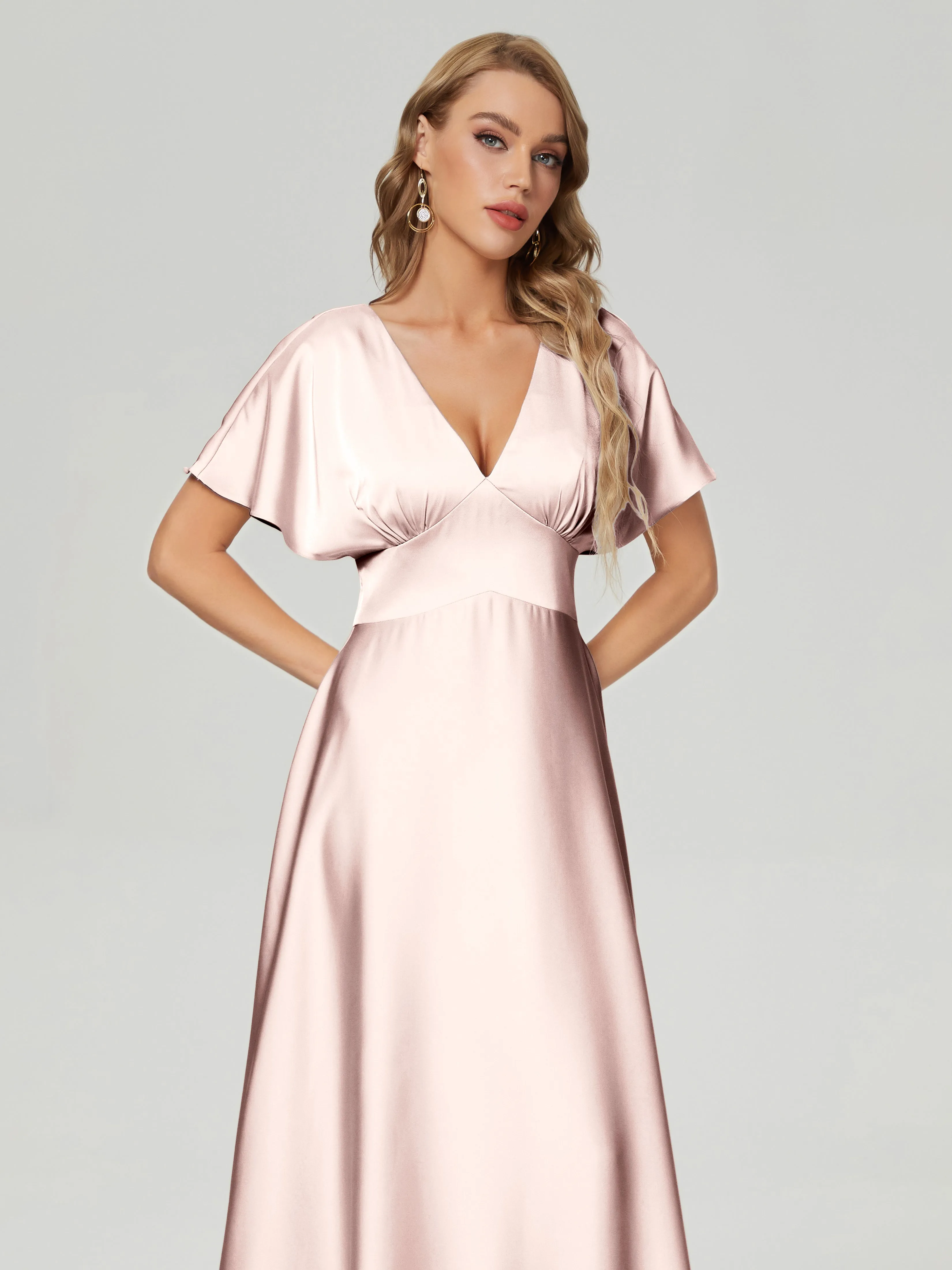 Ariah Modest Cap Sleeves Soft Satin Bridesmaid  Dresses