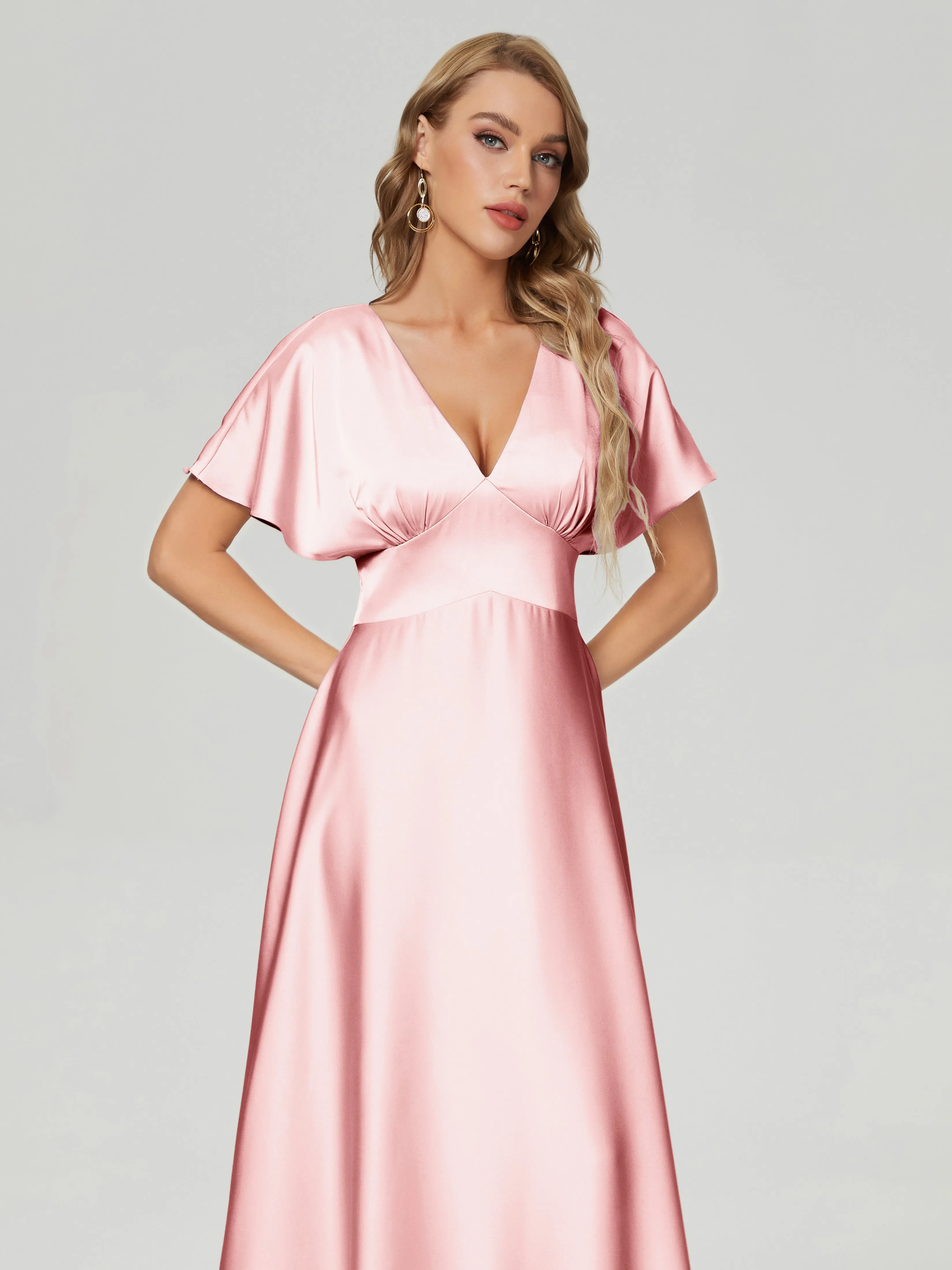 Ariah Modest Cap Sleeves Soft Satin Bridesmaid  Dresses