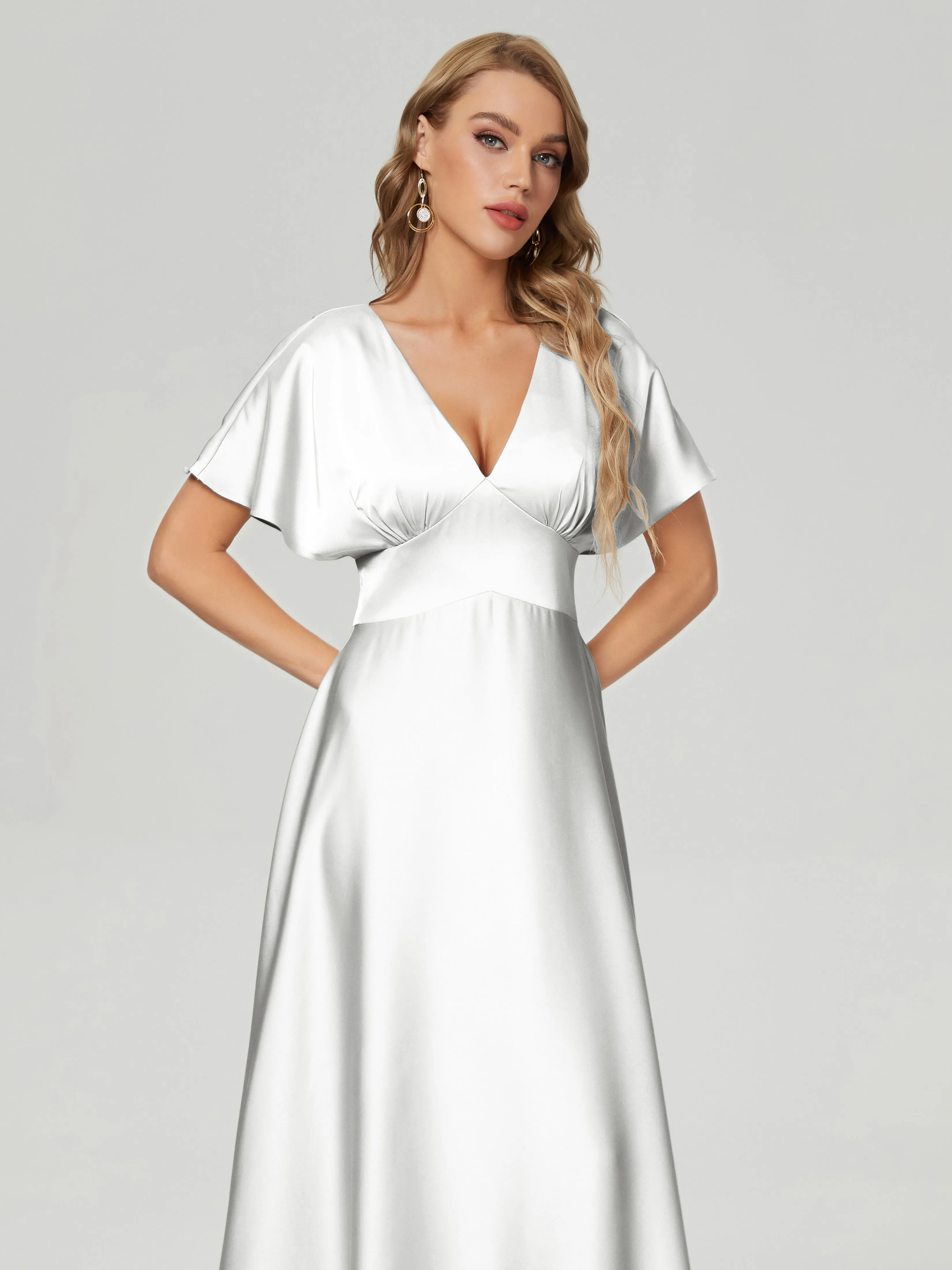 Ariah Modest Cap Sleeves Soft Satin Bridesmaid  Dresses