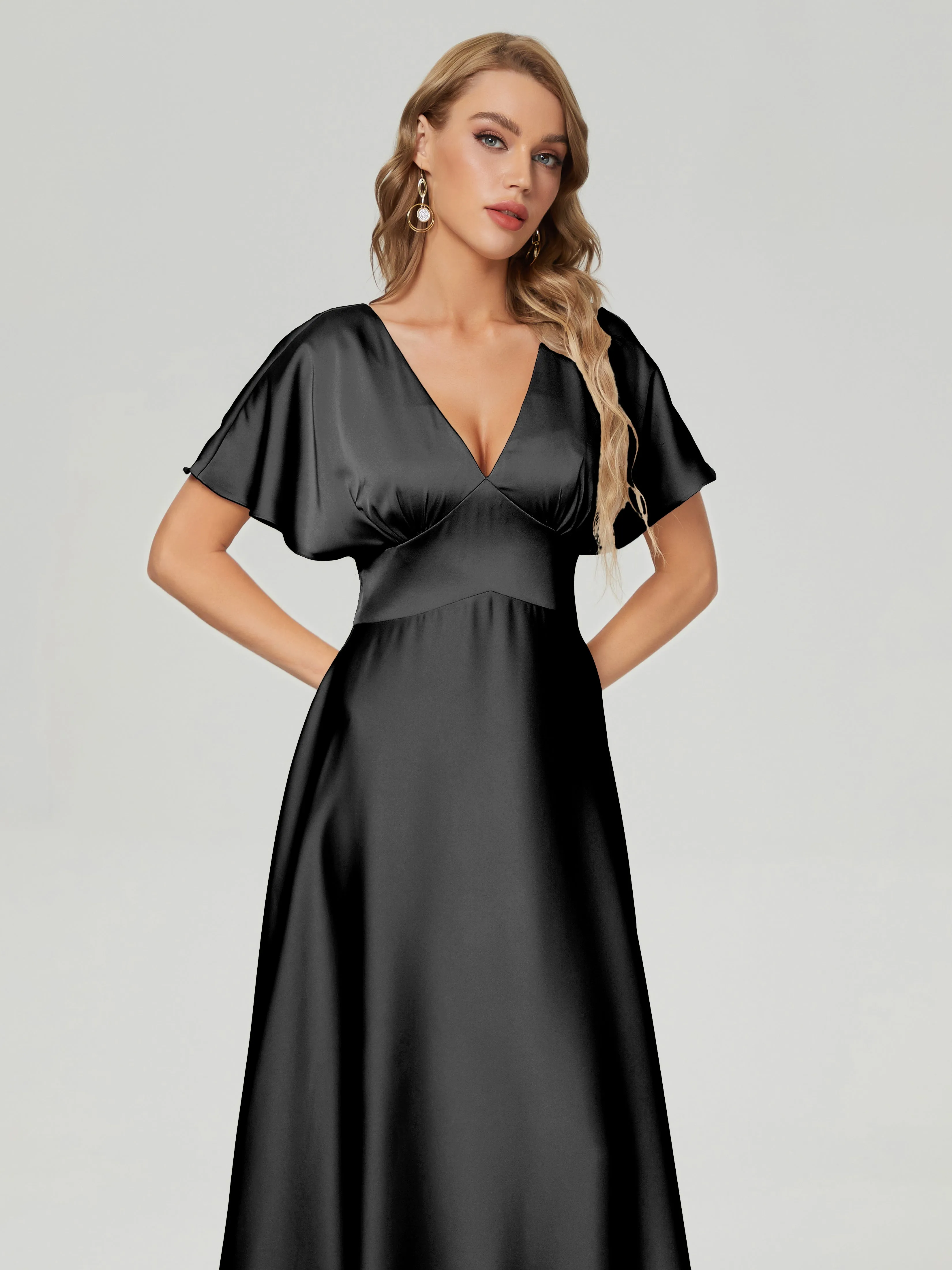 Ariah Modest Cap Sleeves Soft Satin Bridesmaid  Dresses