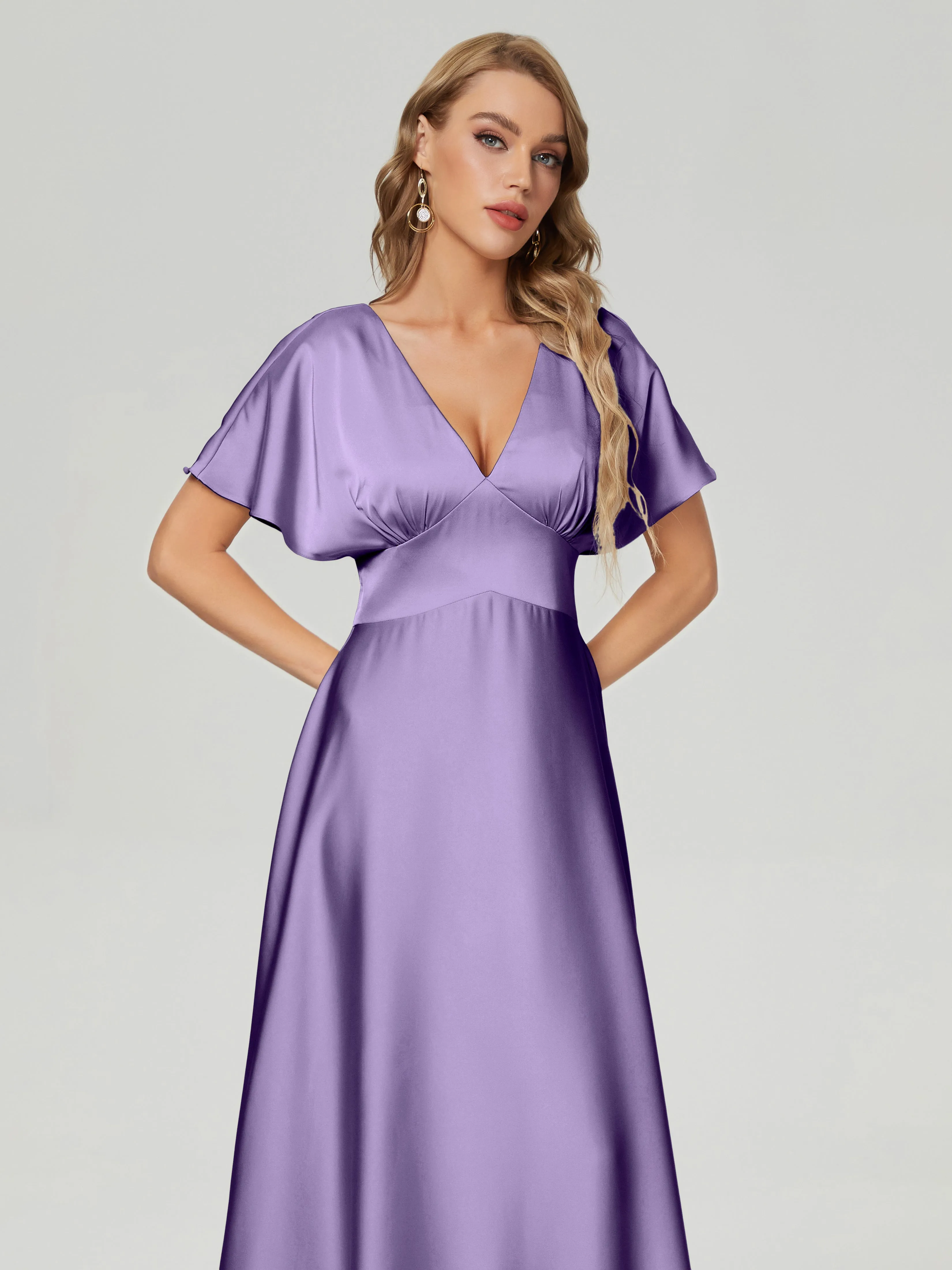 Ariah Modest Cap Sleeves Soft Satin Bridesmaid  Dresses