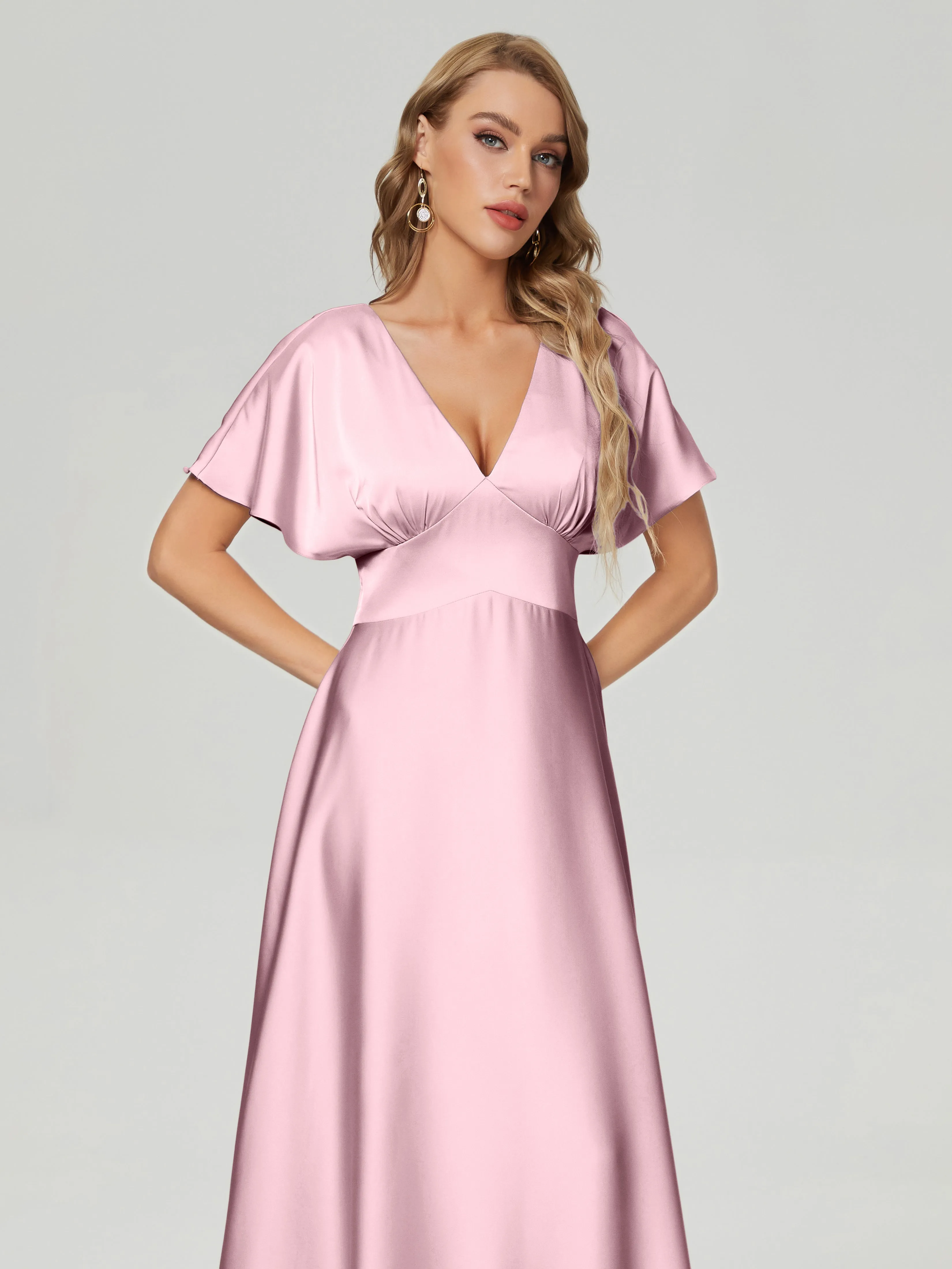 Ariah Modest Cap Sleeves Soft Satin Bridesmaid  Dresses
