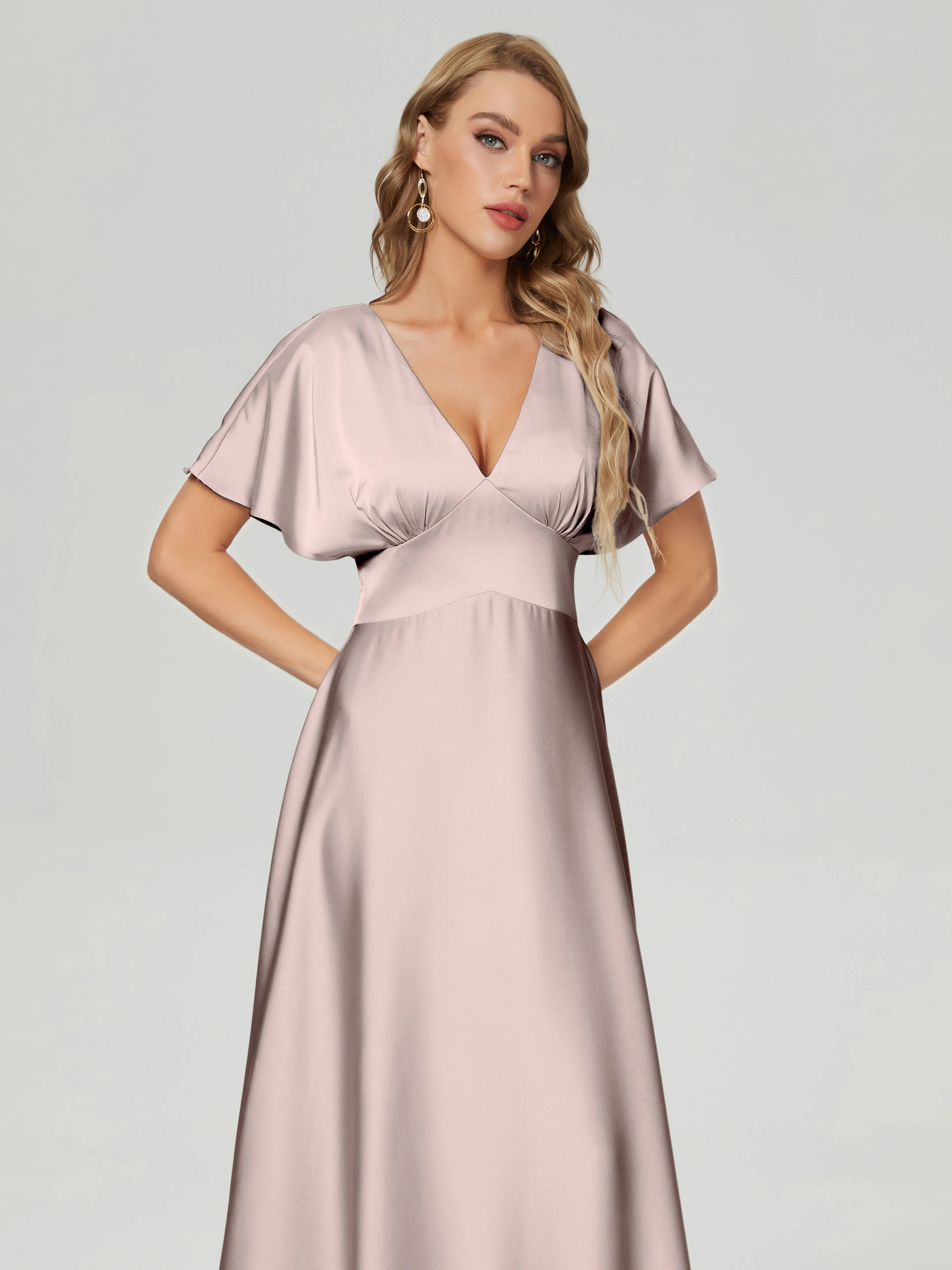 Ariah Modest Cap Sleeves Soft Satin Bridesmaid  Dresses
