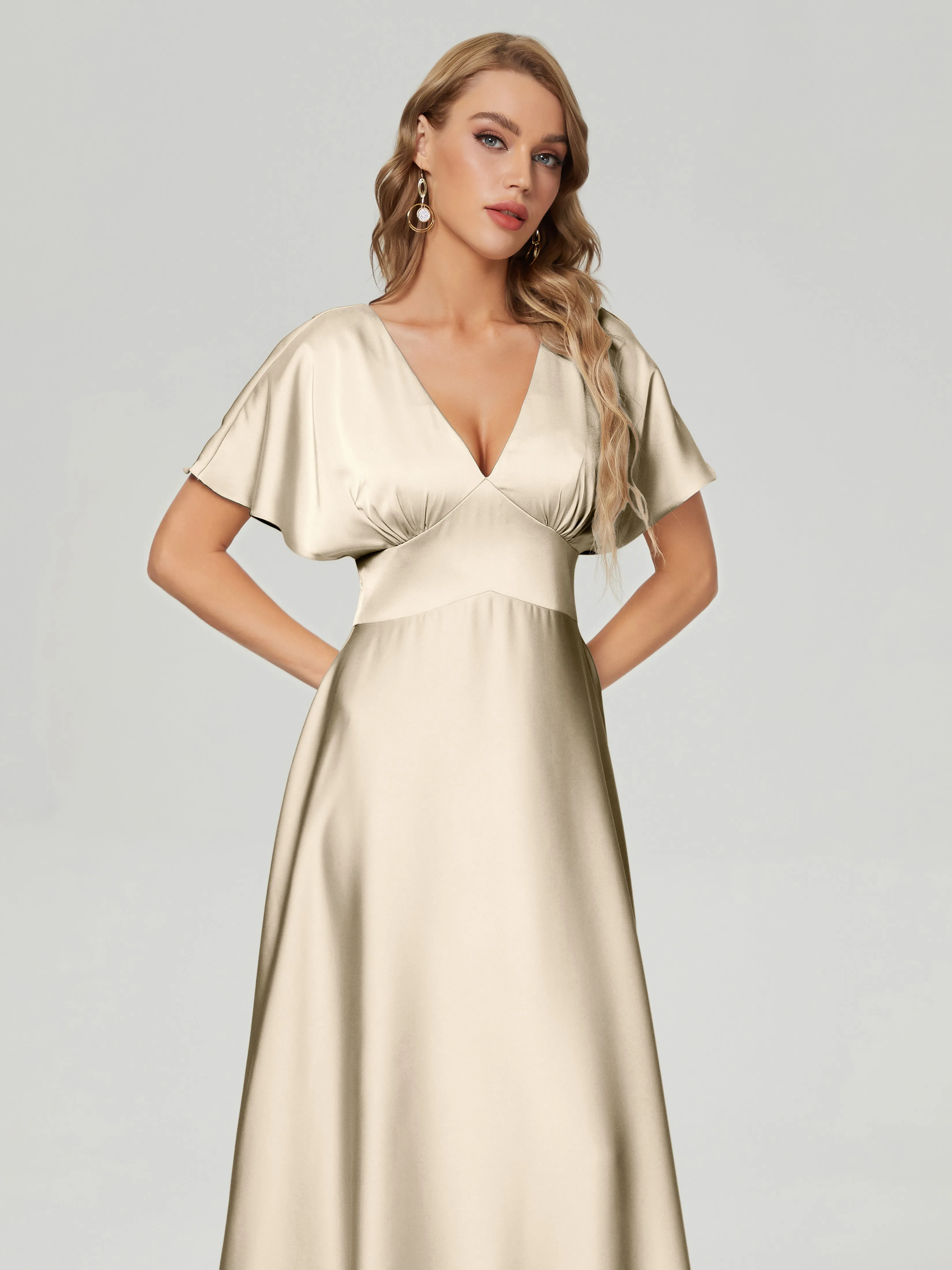 Ariah Modest Cap Sleeves Soft Satin Bridesmaid  Dresses