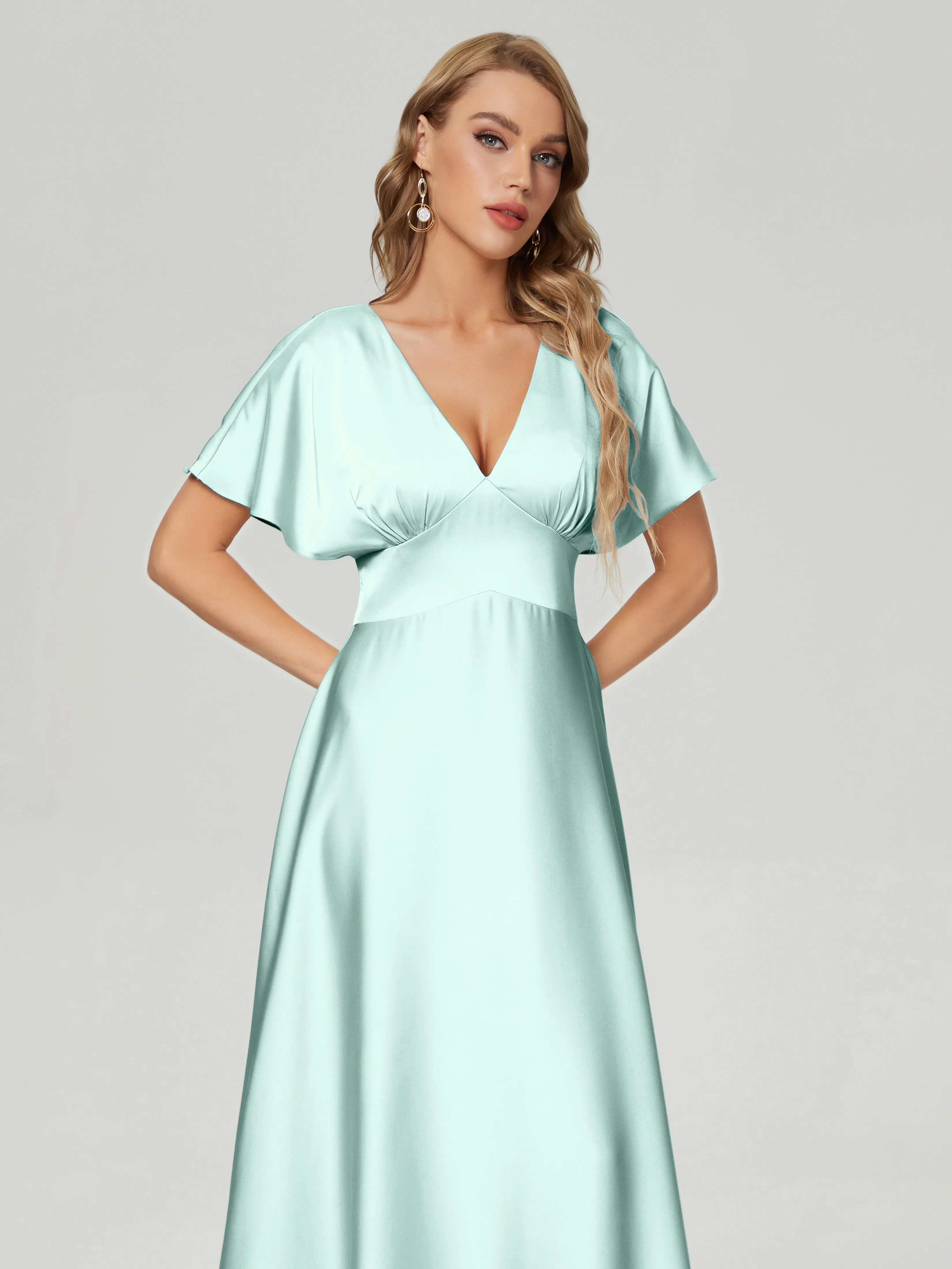 Ariah Modest Cap Sleeves Soft Satin Bridesmaid  Dresses