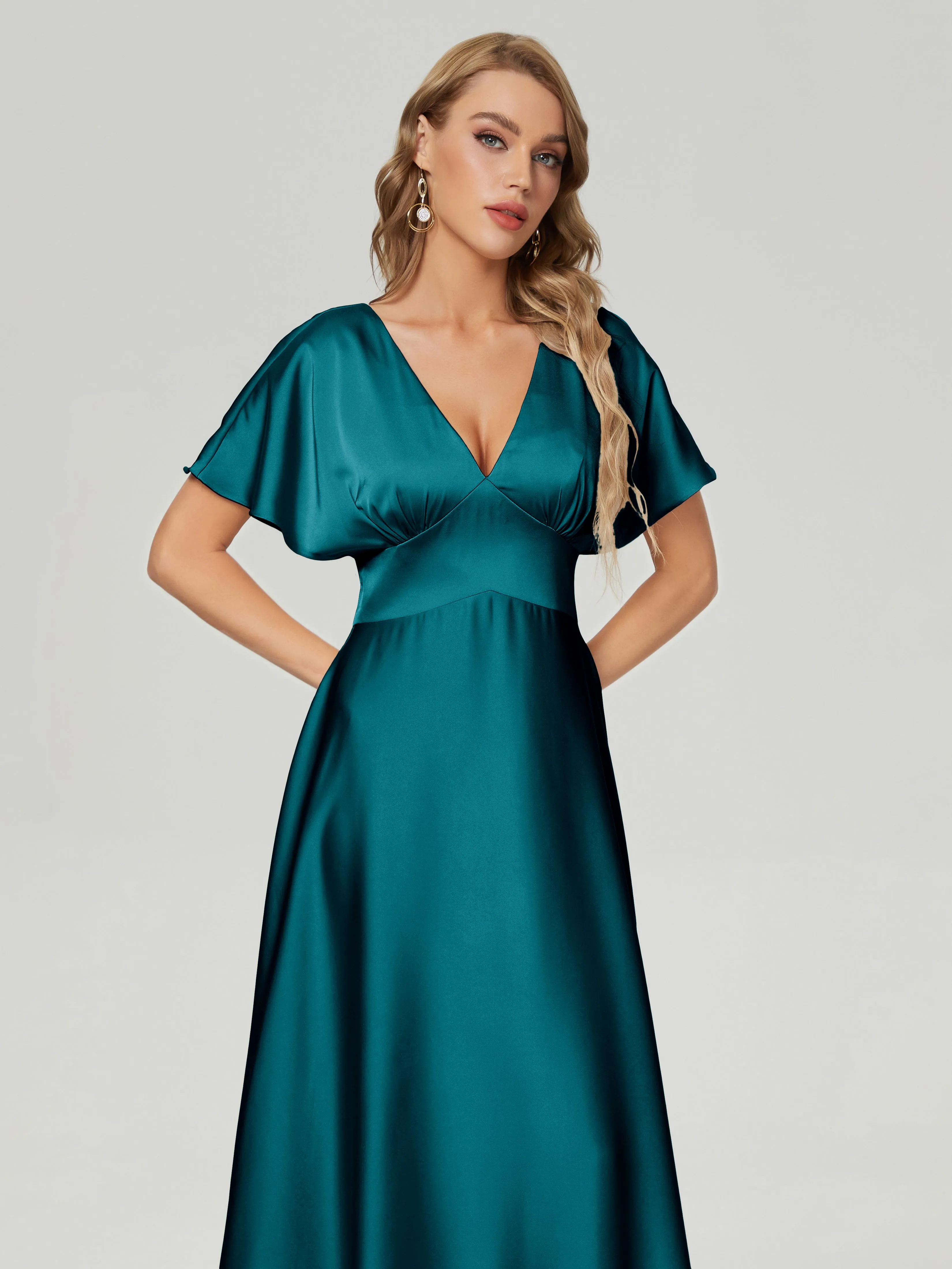 Ariah Modest Cap Sleeves Soft Satin Bridesmaid  Dresses