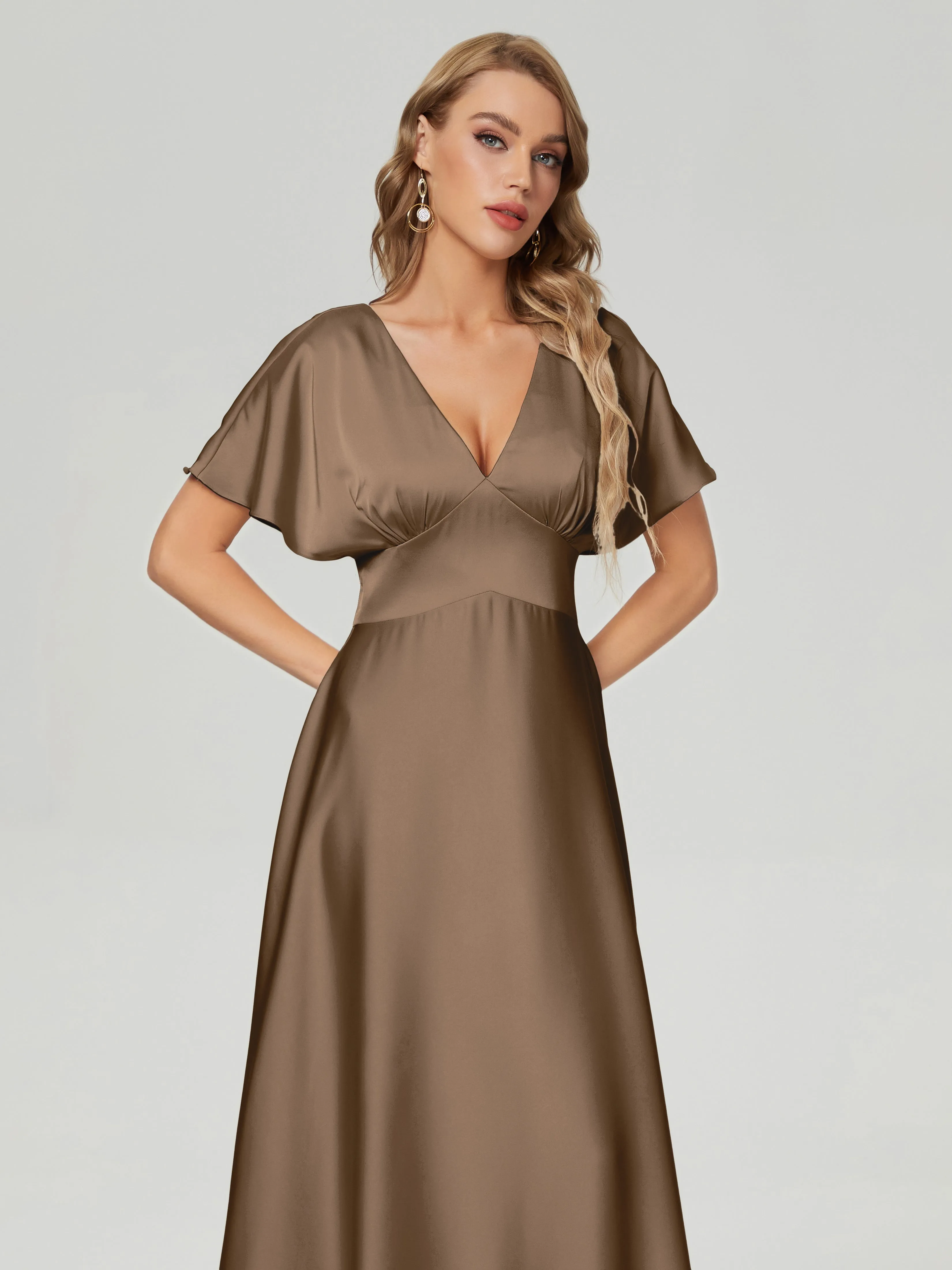 Ariah Modest Cap Sleeves Soft Satin Bridesmaid  Dresses