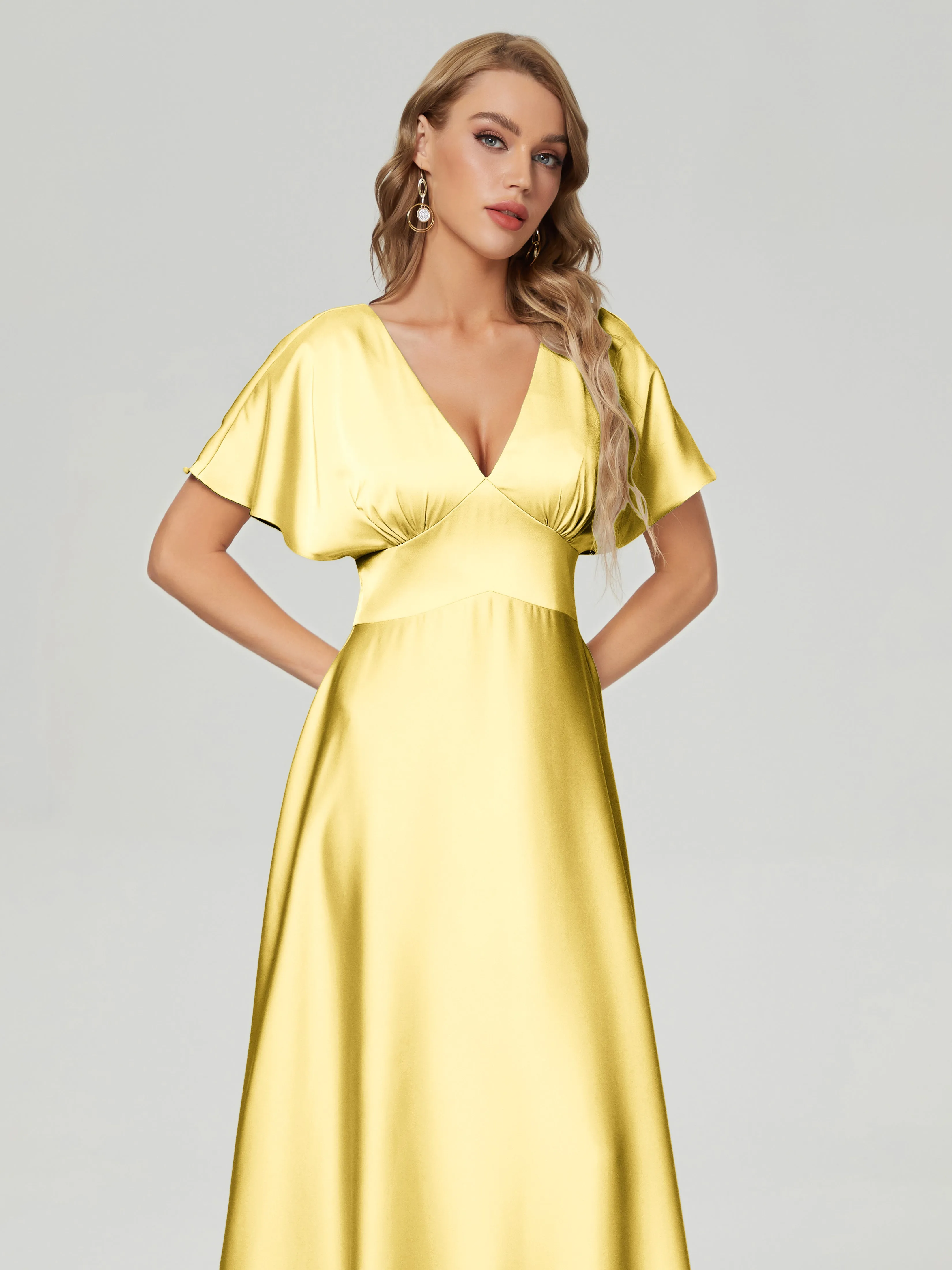 Ariah Modest Cap Sleeves Soft Satin Bridesmaid  Dresses