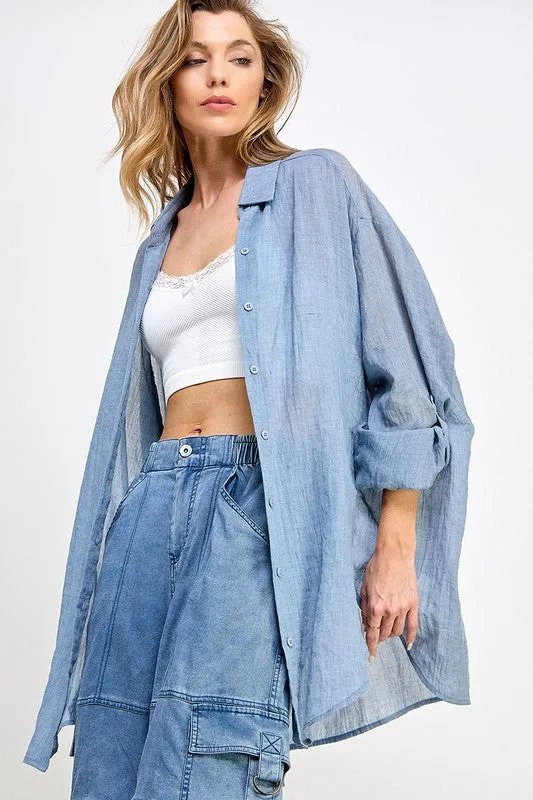 Blue See Through Button Down Shirts