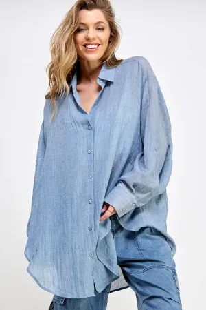 Blue See Through Button Down Shirts
