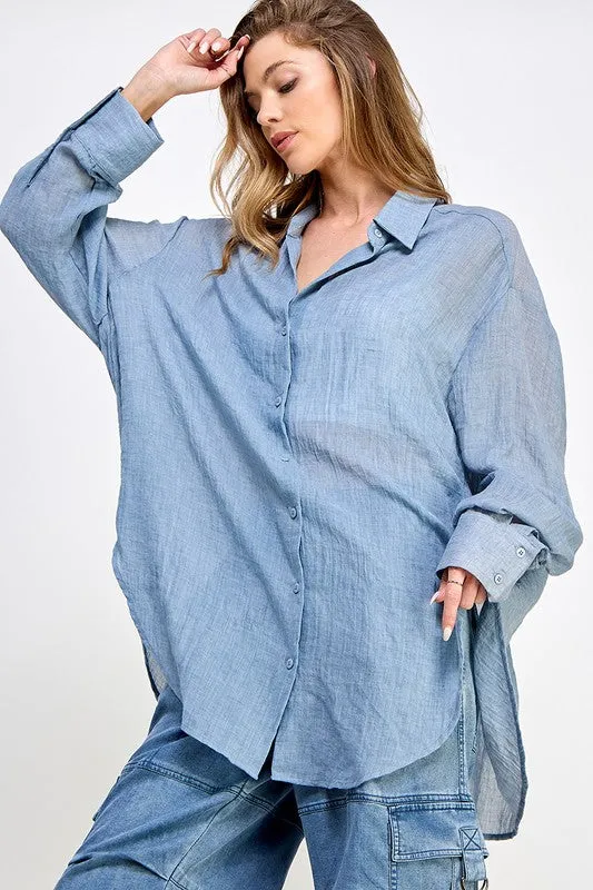 Blue See Through Button Down Shirts