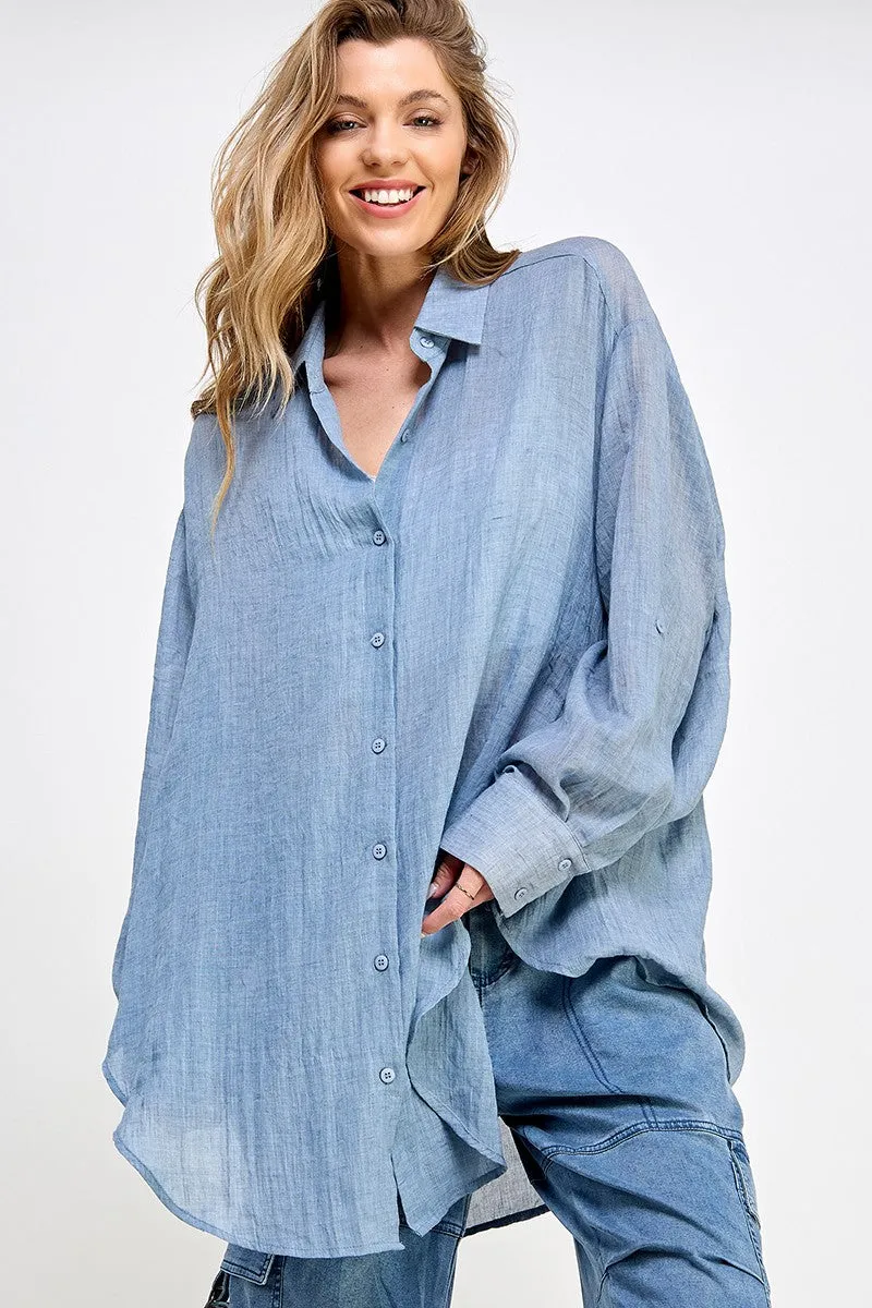 Blue See Through Button Down Shirts