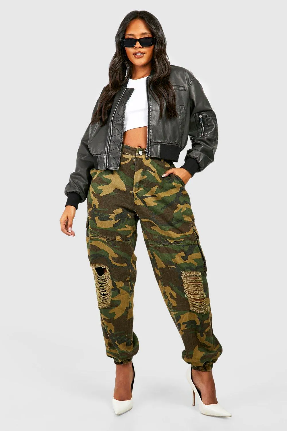 Boohoo Denim Ripped Pocket Cargo Jeans, Khaki