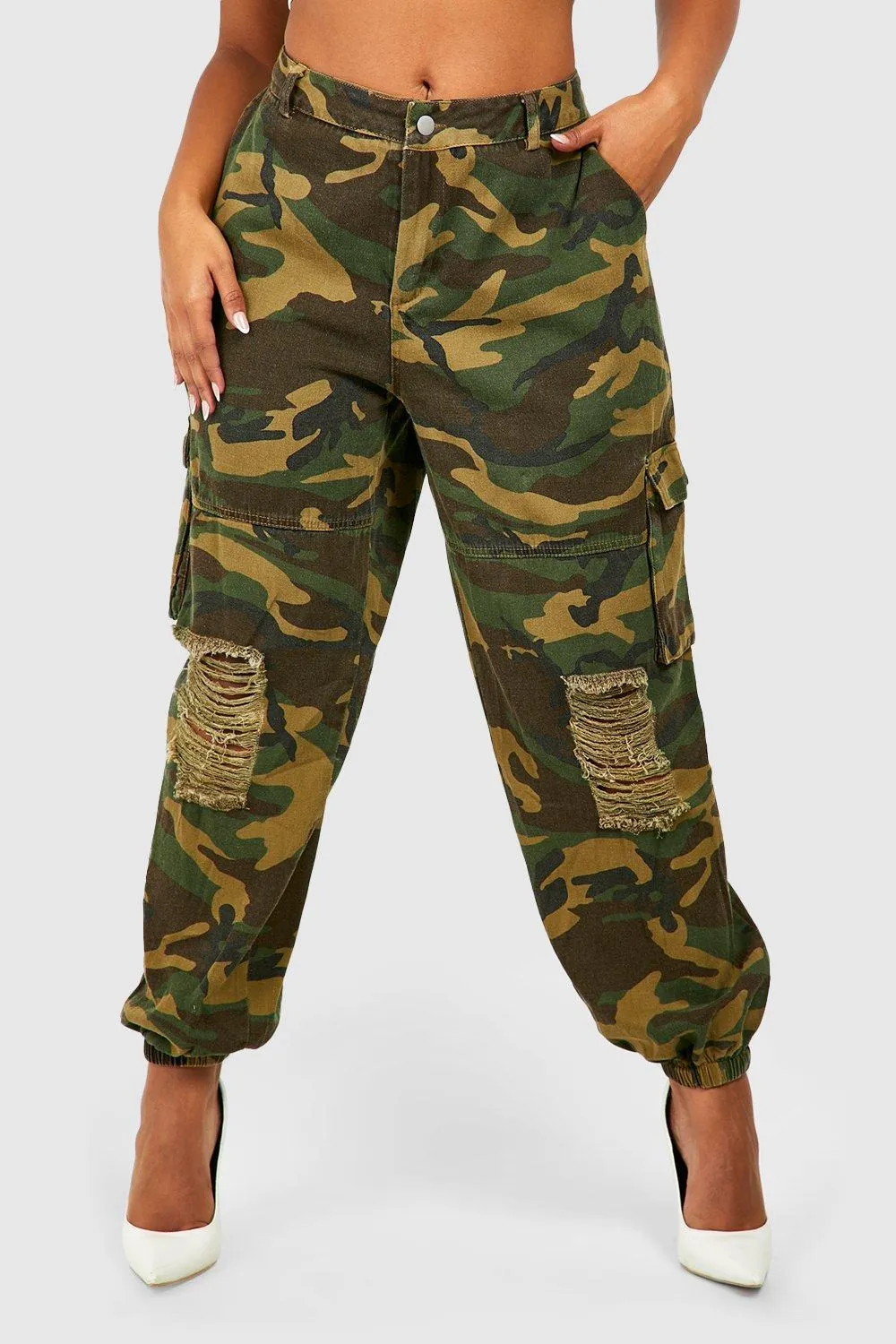 Boohoo Denim Ripped Pocket Cargo Jeans, Khaki