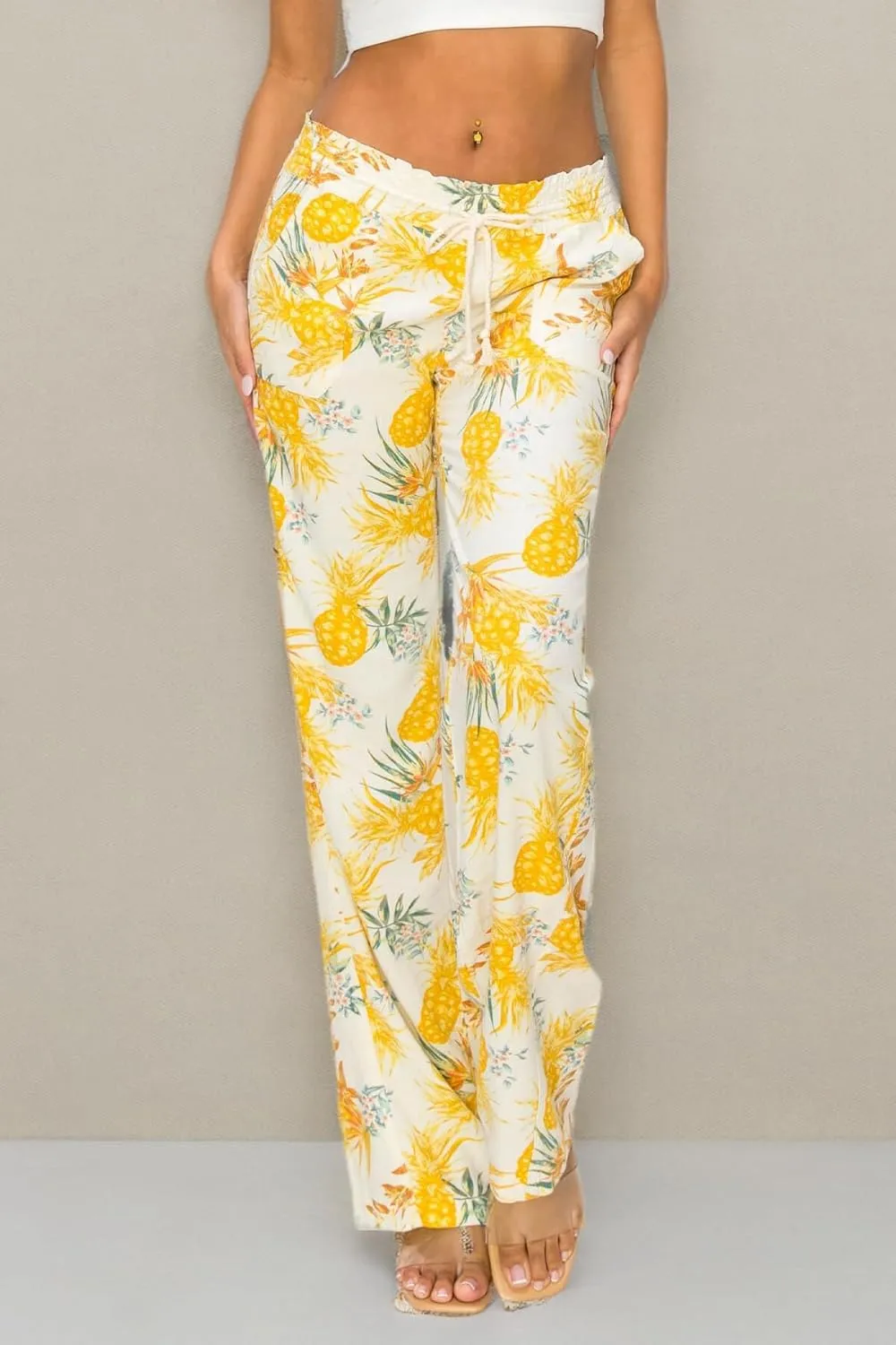 Cali1850 Women's Print Linen Pants - 32" Inseam Oceanside Drawstring Smocked Waist Casual Lounge Beach Trousers with Pockets