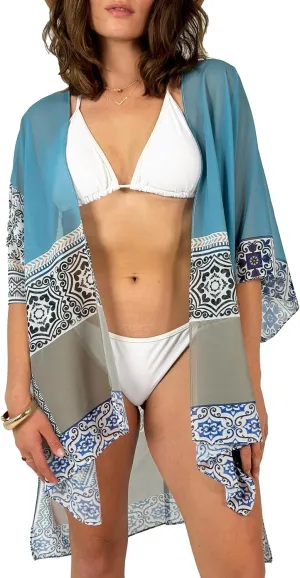 CATCHY & CRAFTY Swimsuit Coverup for Women Kimono Cardigan Beach Floral Boho Print Resort Wear Cruise Gift