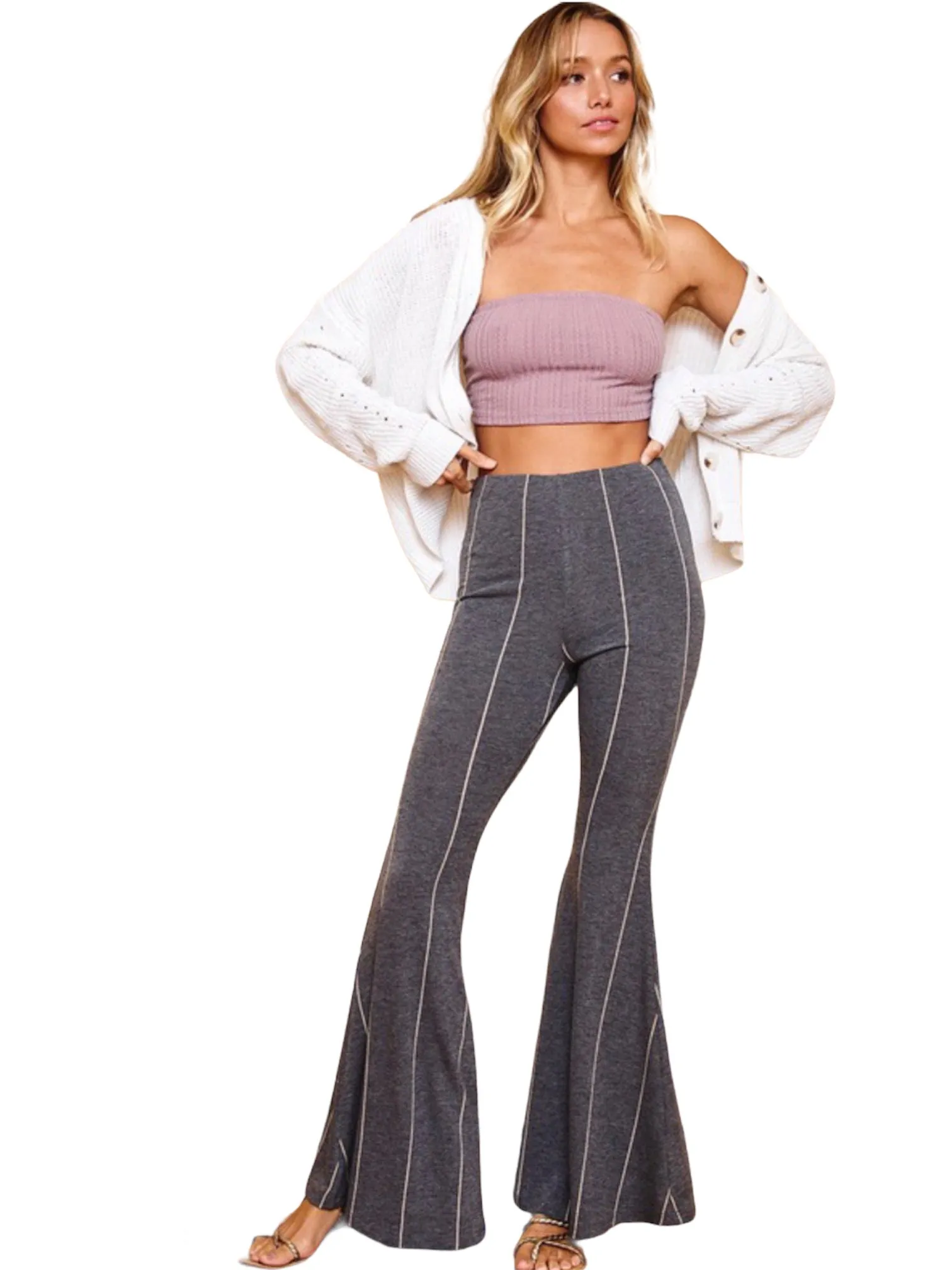 Charcoal Stripe Print Flare Bottoms