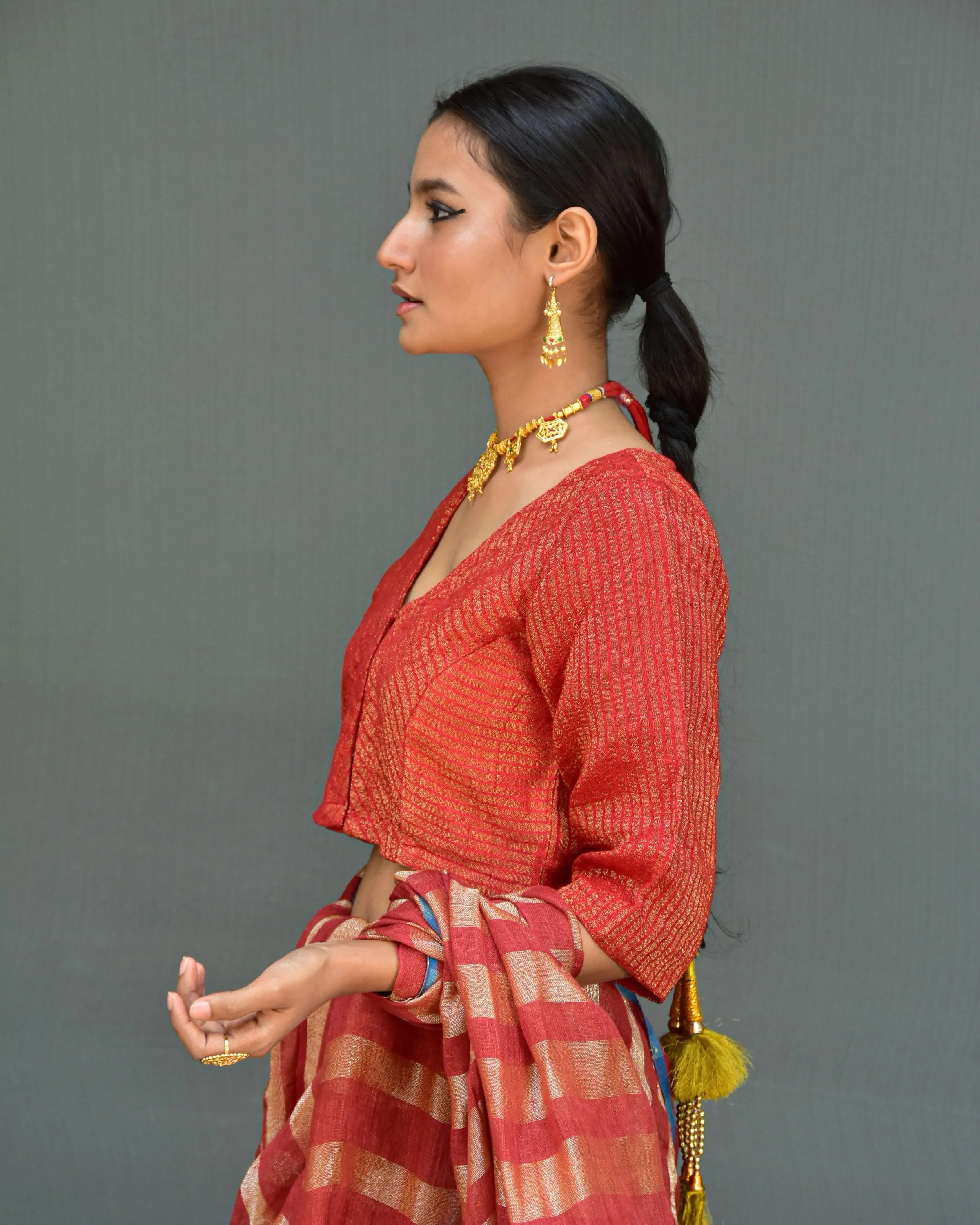 Clay Red Handwoven Linen Zari Blouse-Swarna