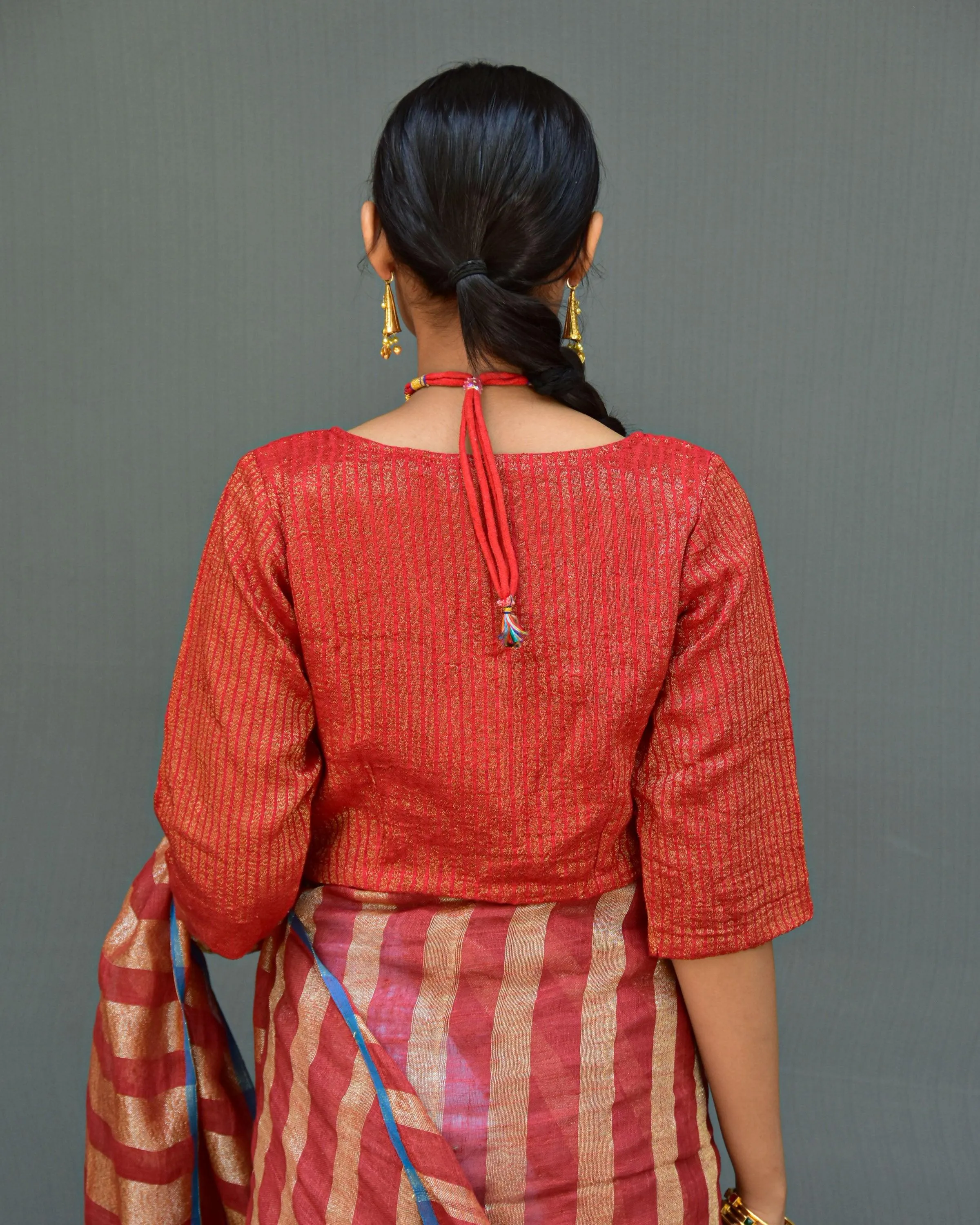 Clay Red Handwoven Linen Zari Blouse-Swarna