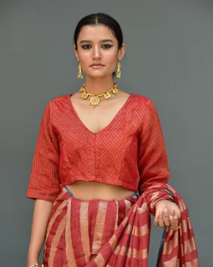 Clay Red Handwoven Linen Zari Blouse-Swarna