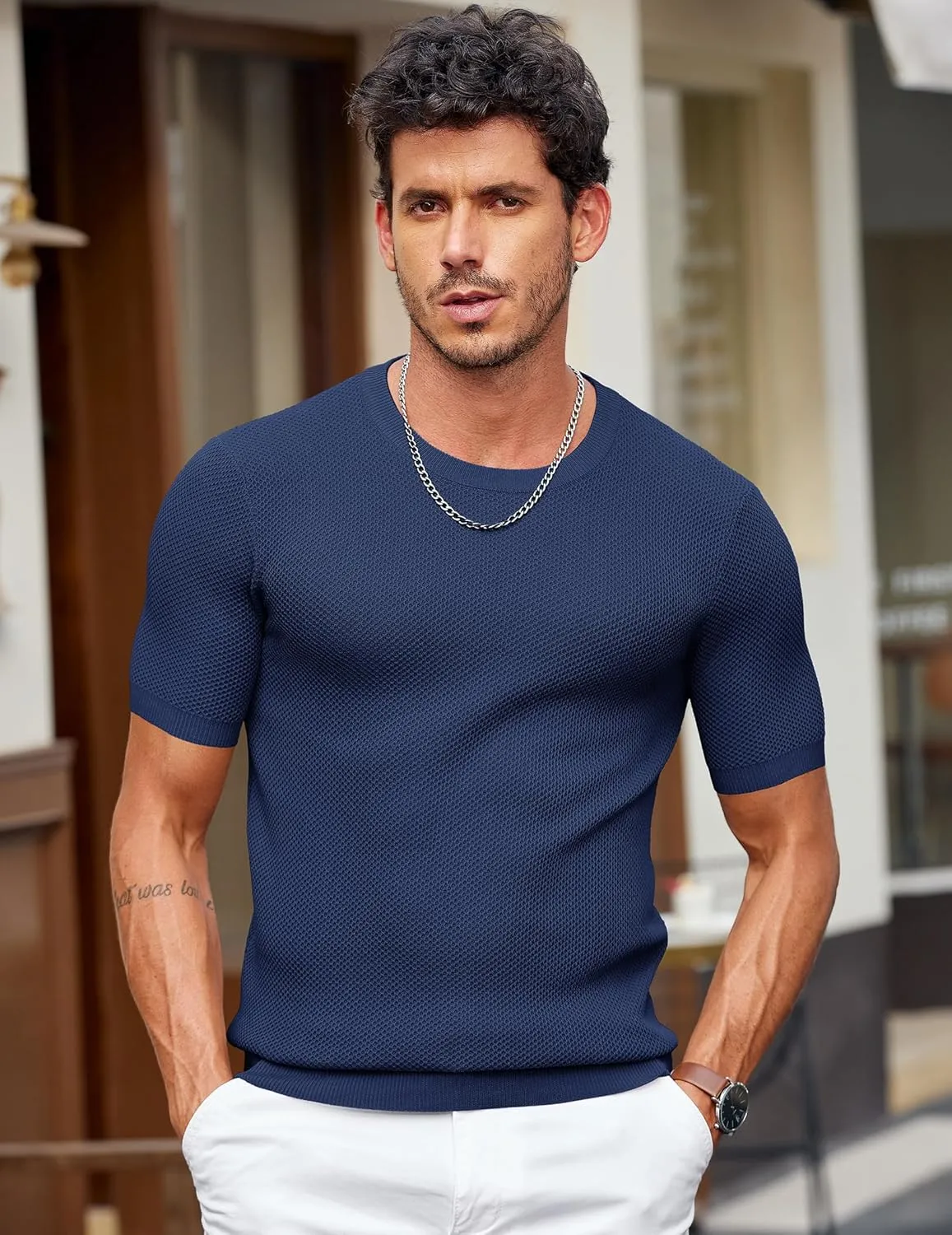 COOFANDY Men's T- Shirts Casual Short Sleeve Crewneck Shirts Solid Textured Knit Pullover Tees