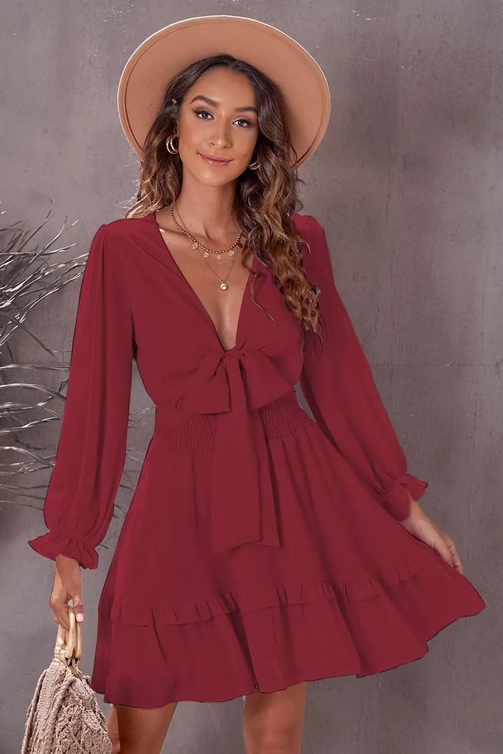 Dokotoo Womens Casual Spring Summer 2025 Deep V Neck Knotted Tiered Chiffon Elegant Mini Short Swing Skater Dresses