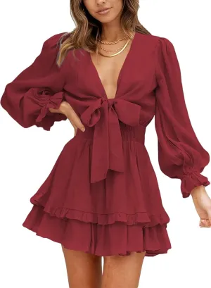 Dokotoo Womens Casual Spring Summer 2025 Deep V Neck Knotted Tiered Chiffon Elegant Mini Short Swing Skater Dresses