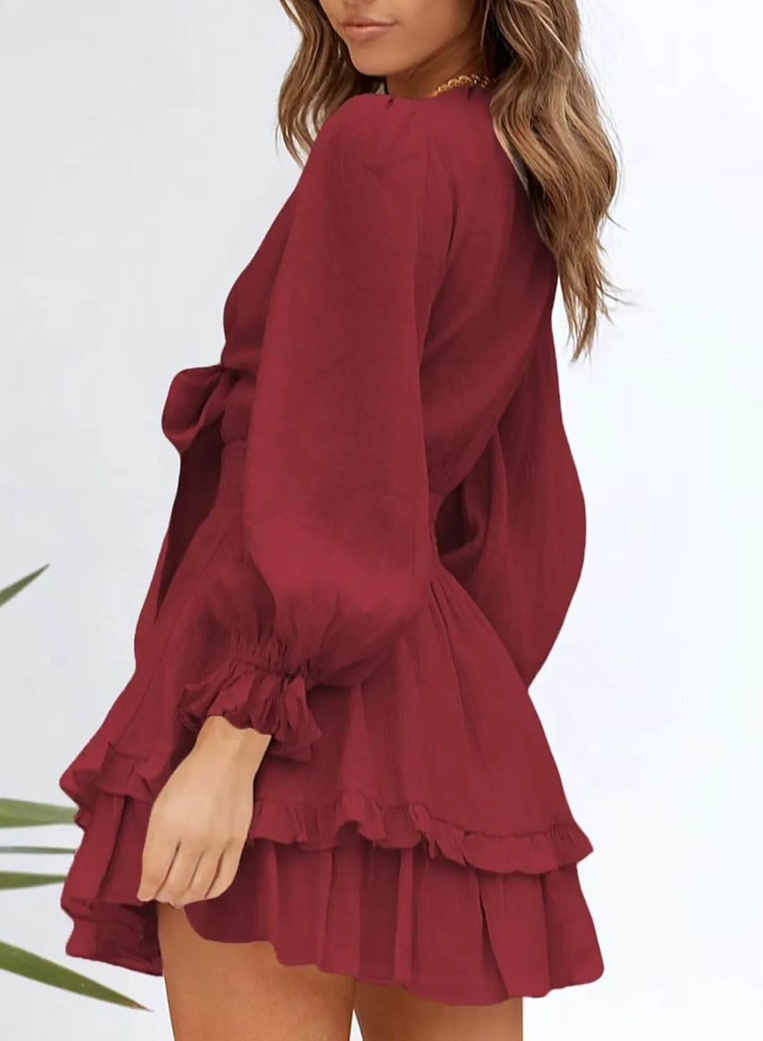 Dokotoo Womens Casual Spring Summer 2025 Deep V Neck Knotted Tiered Chiffon Elegant Mini Short Swing Skater Dresses