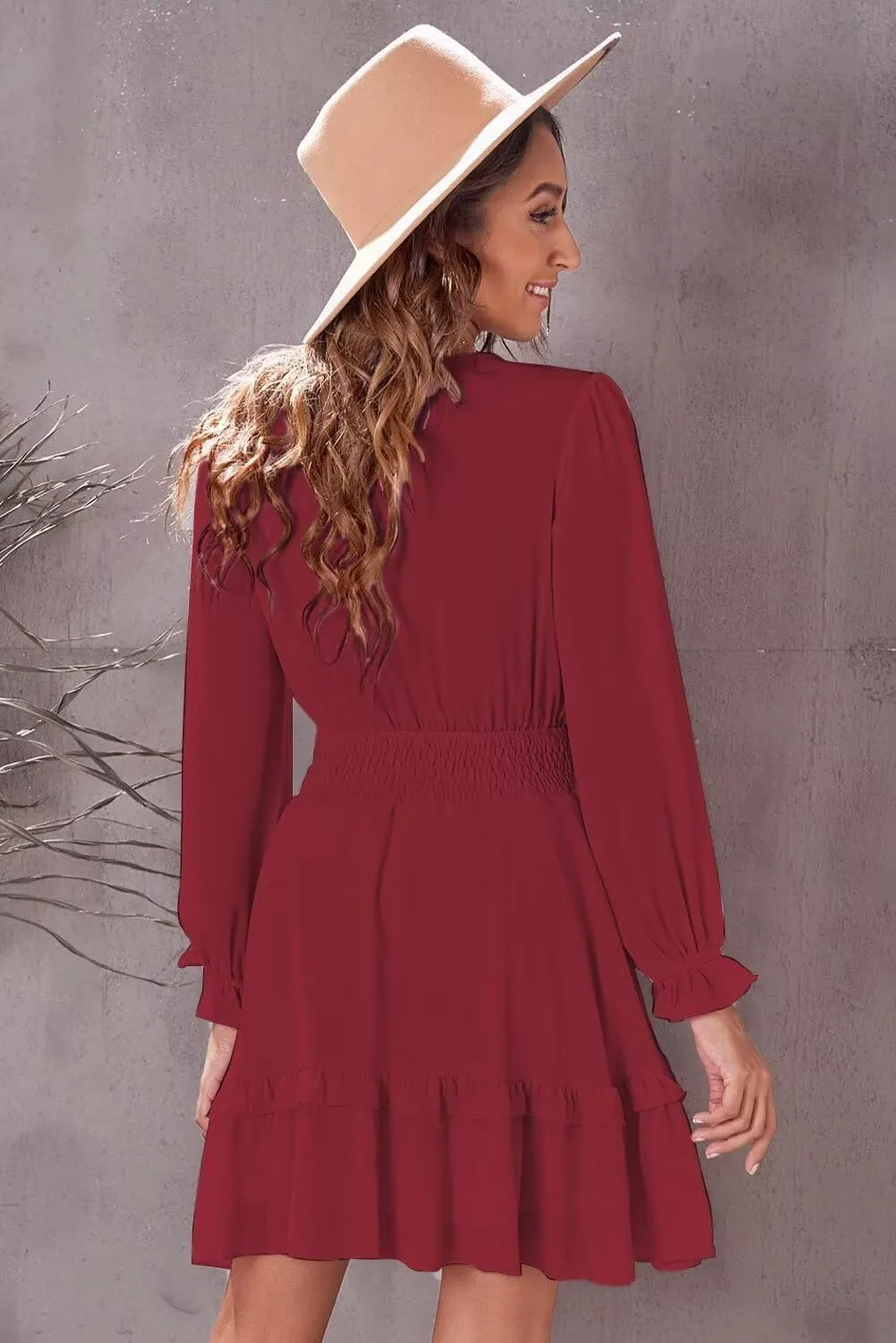 Dokotoo Womens Casual Spring Summer 2025 Deep V Neck Knotted Tiered Chiffon Elegant Mini Short Swing Skater Dresses