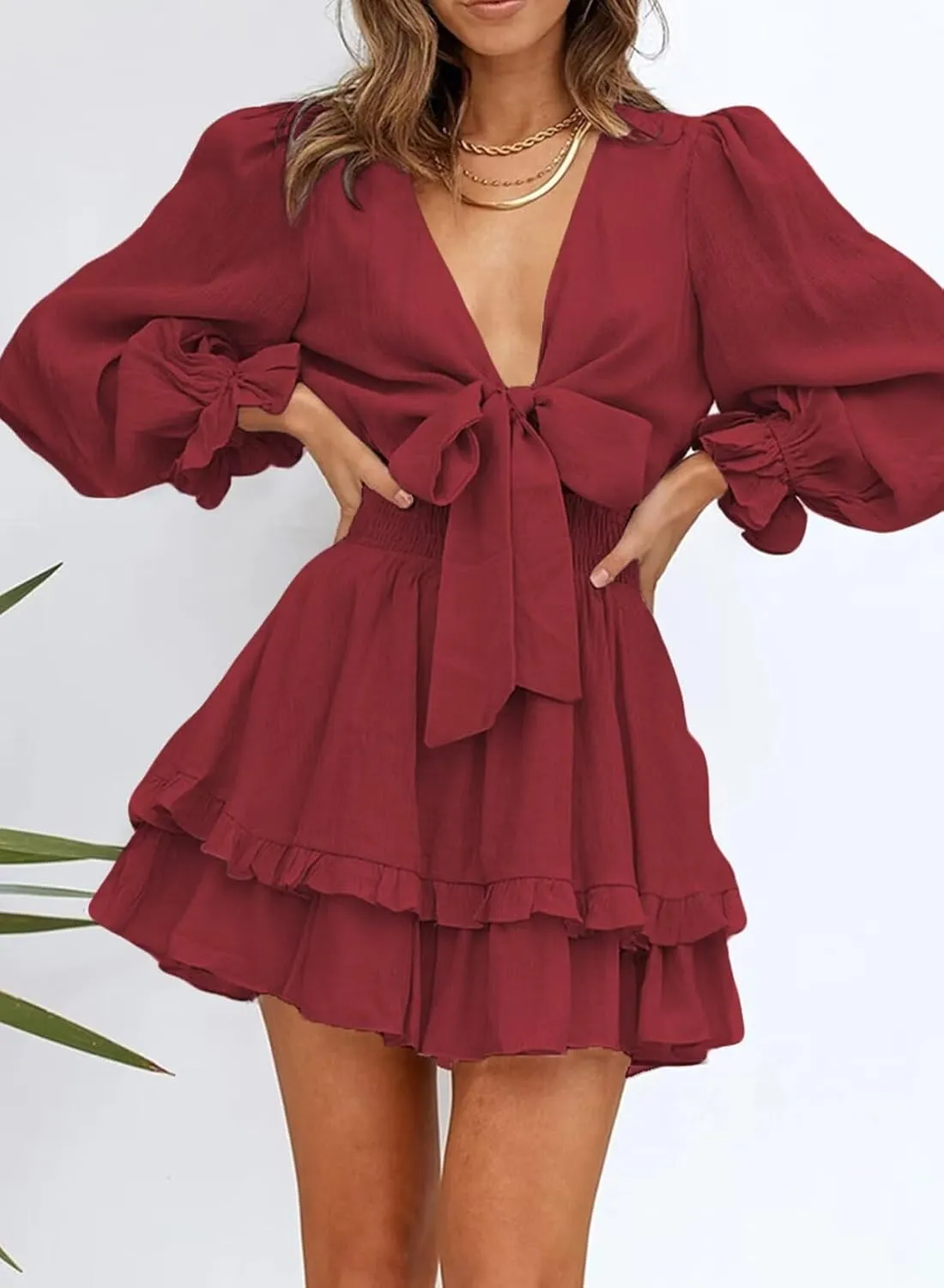 Dokotoo Womens Casual Spring Summer 2025 Deep V Neck Knotted Tiered Chiffon Elegant Mini Short Swing Skater Dresses