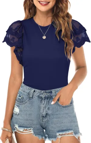 DOROSE Womens Tops Lace Ruffle Sleeve Summer Tshirts Blouse Trendy
