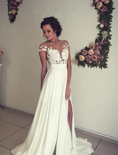 Elegant Lace Appliques Wedding Dress Long Chiffon Split