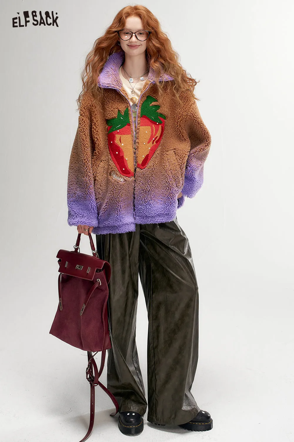 ELFSACK 2024 Autumn New Arrivals New Strawberry hand-sewn pearl decoration gradient plush jacket for women