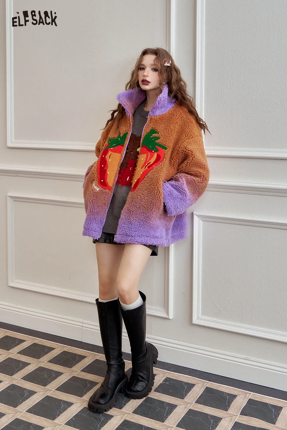 ELFSACK 2024 Autumn New Arrivals New Strawberry hand-sewn pearl decoration gradient plush jacket for women