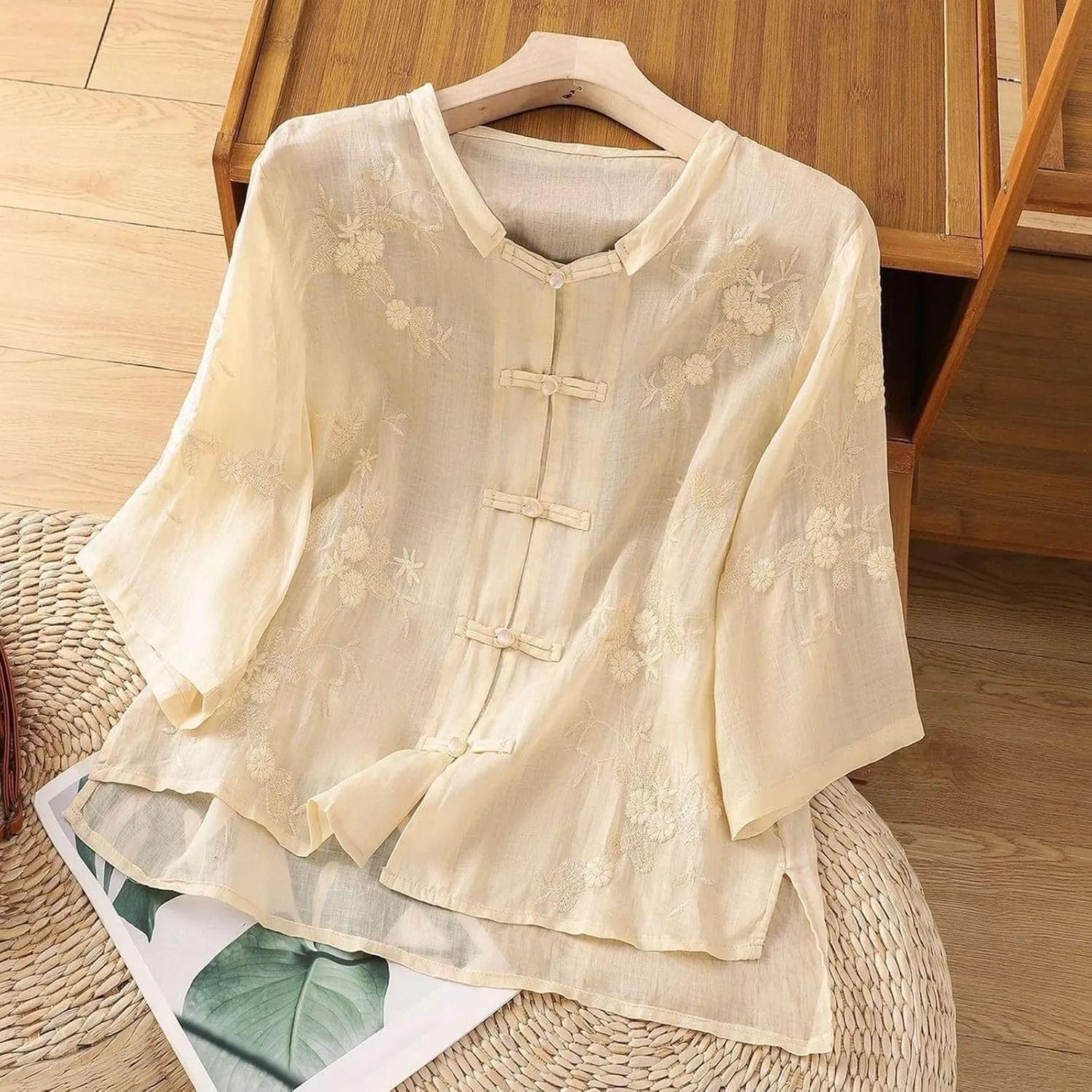 Floral Embroidered Tops for Women Cotton Linen Shirts Boho Ethnic Style Peasant 3/4 Sleeve V Neck Button Tunic Tshirt