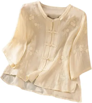 Floral Embroidered Tops for Women Cotton Linen Shirts Boho Ethnic Style Peasant 3/4 Sleeve V Neck Button Tunic Tshirt