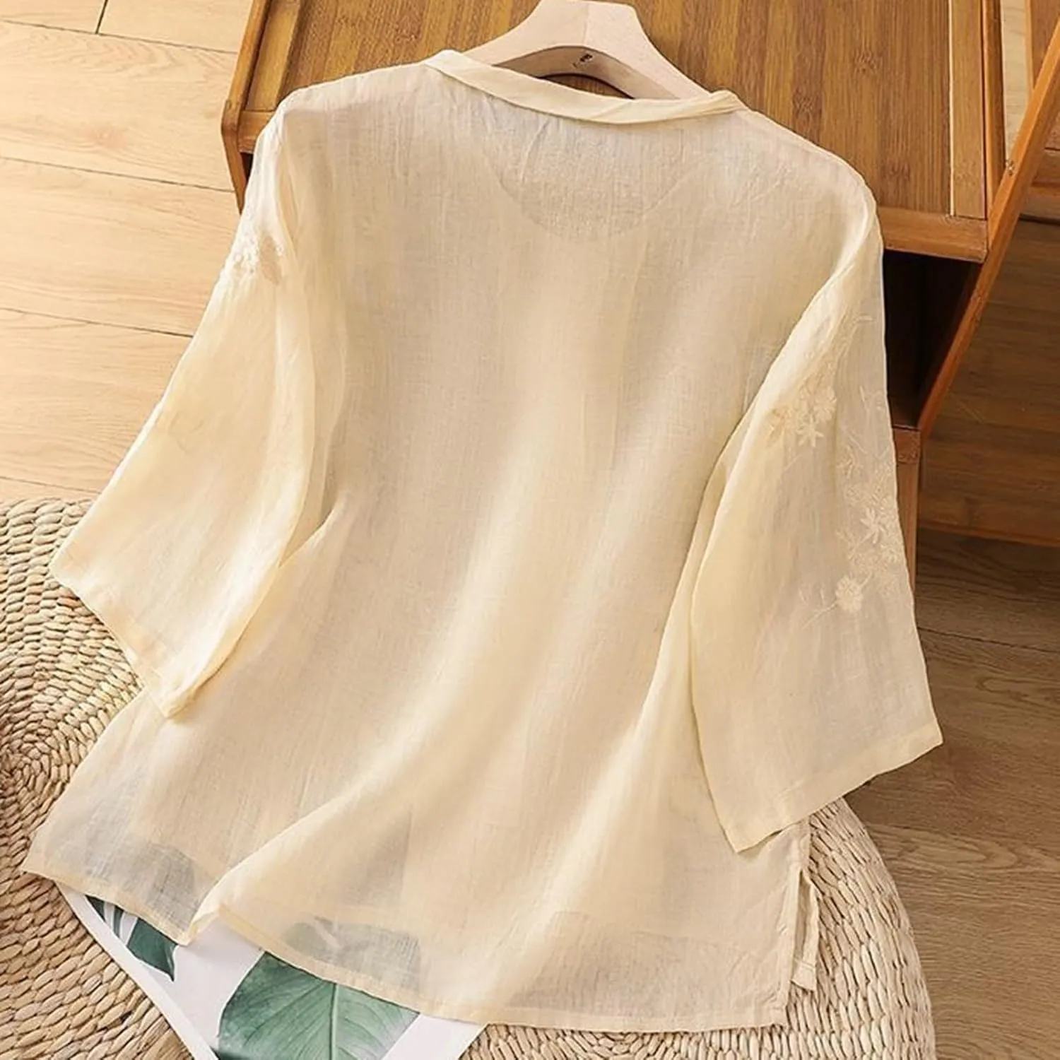 Floral Embroidered Tops for Women Cotton Linen Shirts Boho Ethnic Style Peasant 3/4 Sleeve V Neck Button Tunic Tshirt