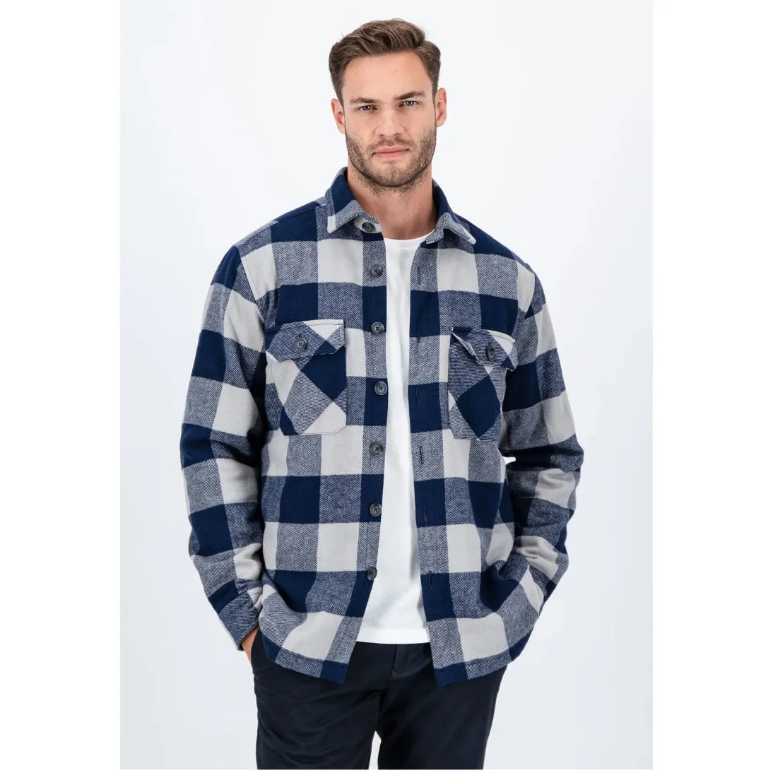 Fynch-Hatton Checked Flannel Overshirt Navy 14096043