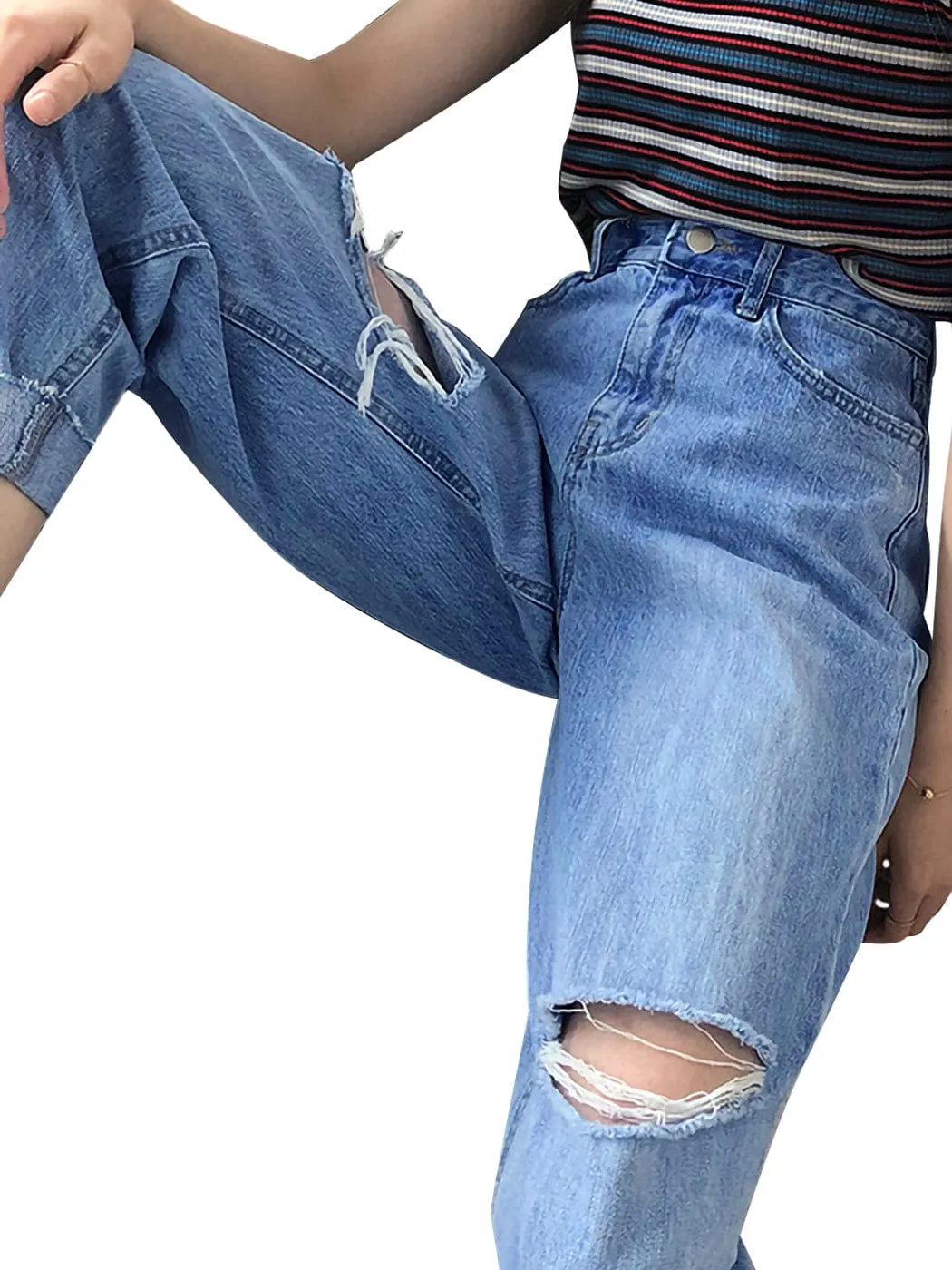 High Waist Ripped Boyfriend Jeans