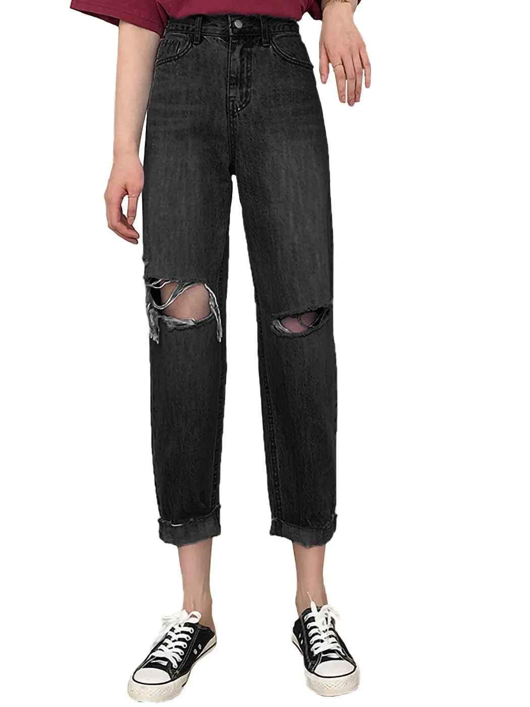 High Waist Ripped Boyfriend Jeans