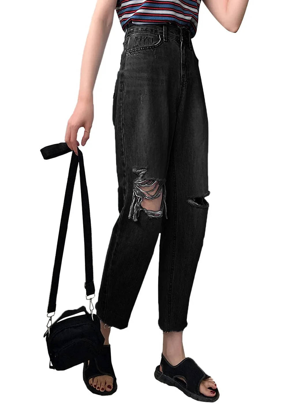 High Waist Ripped Boyfriend Jeans