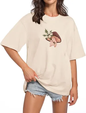 KEEVICI Women Cute Mushroom Oversized T Shirt Kawaii Graphic Cottagecore Tee Cotton Crewneck Short Sleeve Tops Teens
