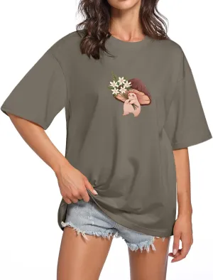 KEEVICI Women Cute Mushroom Oversized T Shirt Kawaii Graphic Cottagecore Tee Cotton Crewneck Short Sleeve Tops Teens