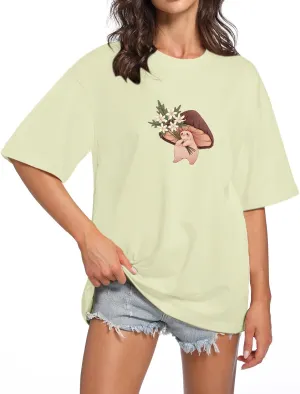 KEEVICI Women Cute Mushroom Oversized T Shirt Kawaii Graphic Cottagecore Tee Cotton Crewneck Short Sleeve Tops Teens